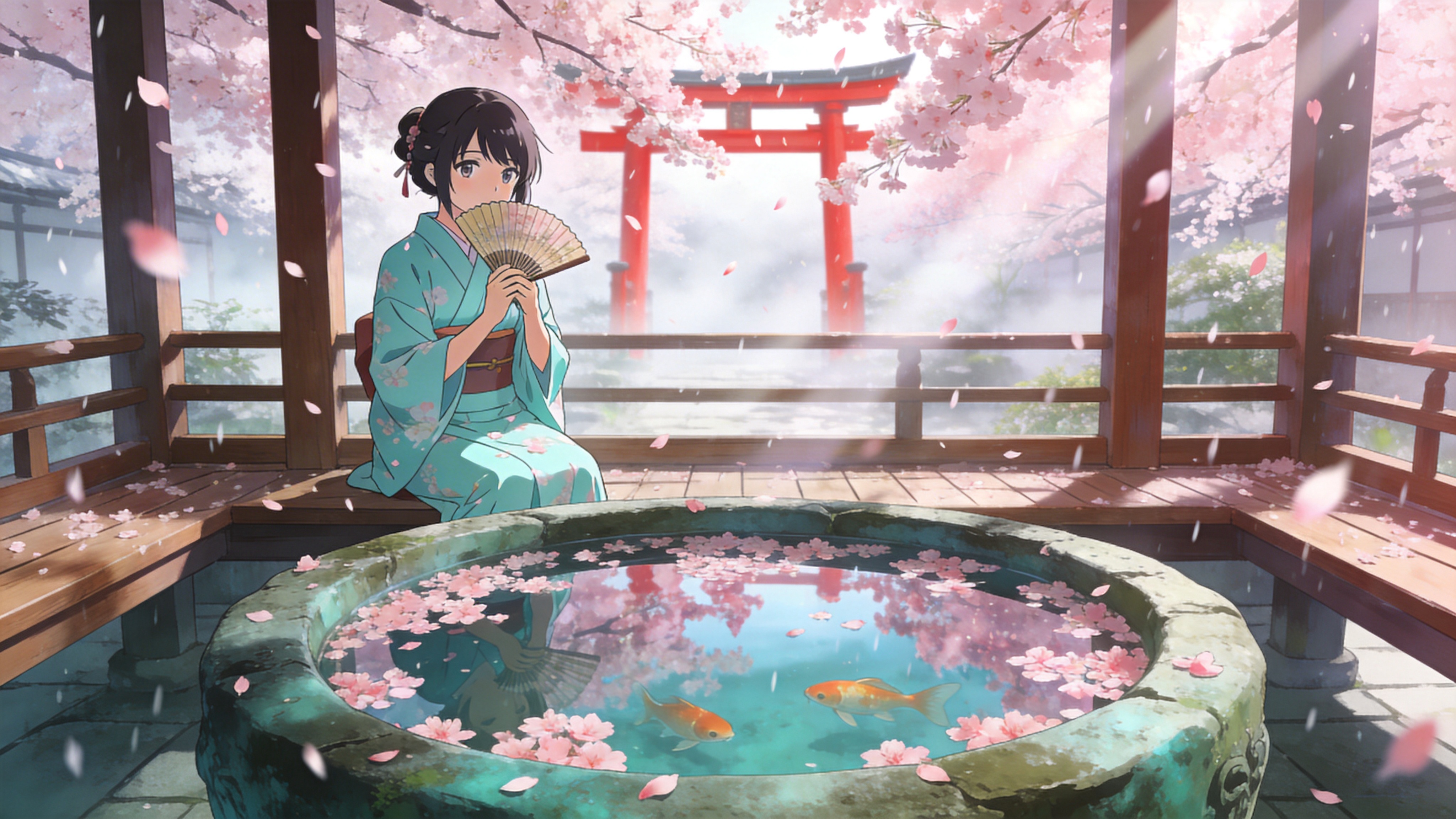 画面定格在2026年3月25日的春分时节，一个被樱花雨覆盖的日式庭院。庭院中央有一口古老的青石水缸，水面上漂浮着几瓣粉色的樱花，倒映着上方盛开的樱花树冠。一位身着淡青色和服的少女正坐在木制回廊上，手中拿着一把传统的折扇，轻轻掩面，眼神温柔地望向飘落的花瓣。空气中弥漫着春日的慵懒与诗意，几只金鱼在清澈的水缸中悠闲游动，远处隐约可见被薄雾笼罩的红色鸟居，营造出一种静谧而唯美的春日午后时光。

新海诚动漫风格，超高清8K分辨率，极致的光影渲染，强调镜头光斑和丁达尔效应。色彩以高饱和度的粉色、青色和白色为主，背景虚化处理，突出主体。线条细腻流畅，具有强烈的透明感和空气感，画面晶莹剔透，充满青春与梦幻的视觉冲击力。
