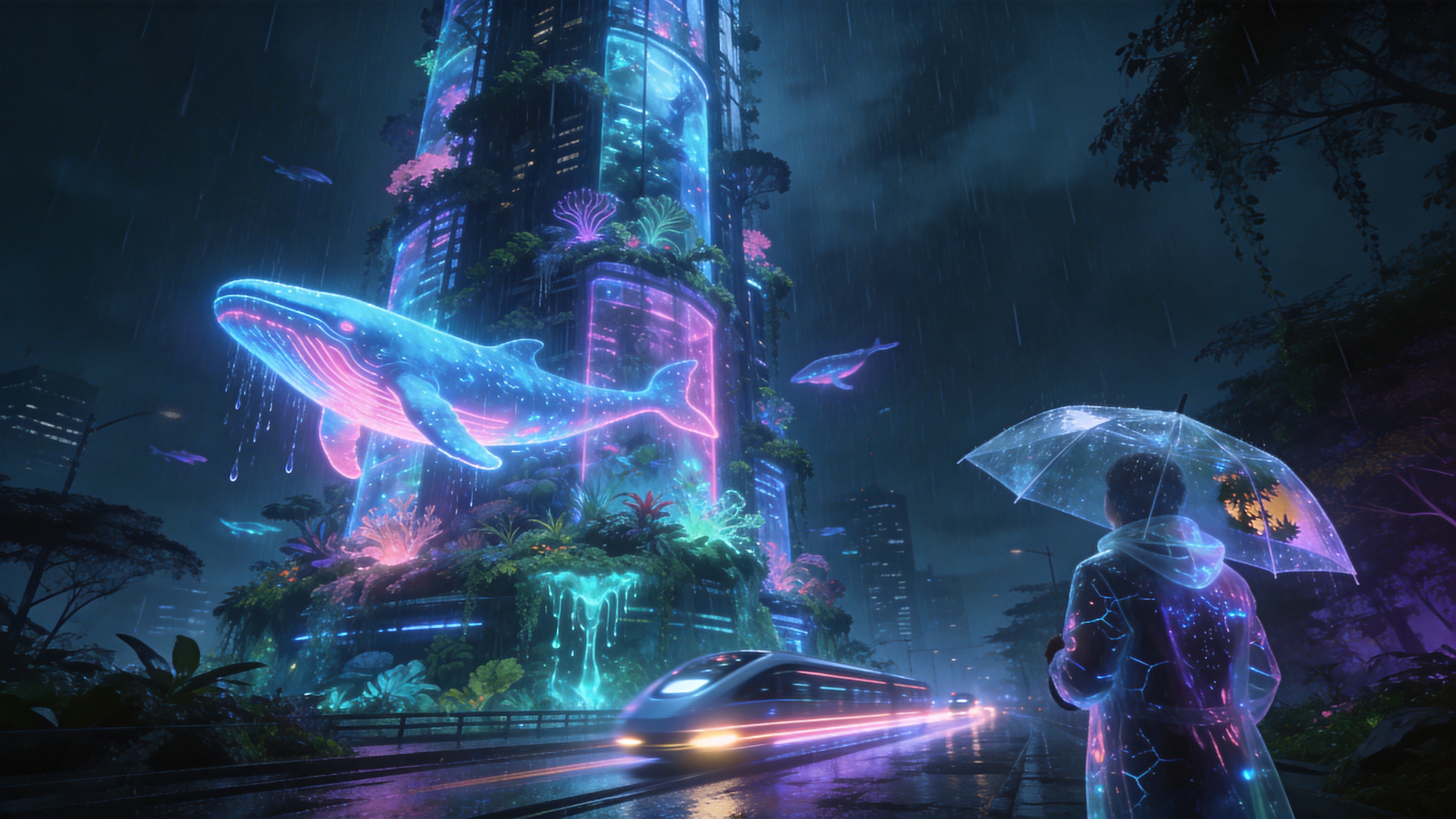未来的2026年，一座巨大的垂直森林城市塔楼，建筑表面完全由发光的半透明生物玻璃和疯狂生长的奇异植物覆盖。现在是初春的雨夜，巨大的全息投影鲸鱼在塔楼周围游弋，身上闪烁着霓虹蓝和荧光粉的光芒。雨水从高空落下，在接触到植物层时变成发光的液态能量。街道上悬浮着流线型的磁悬浮飞车，车灯拉出长长的光轨。画面右下角是一个穿着带有发光纹理风衣的背影，正撑着一把透明的全息伞仰望这壮观的景象，伞面上倒映着整个赛博森林的倒影。

赛博朋克概念艺术风格，强调高科技与自然的冲突融合。色调以深青色、霓虹紫和电光蓝为主，对比度极高。光影具有戏剧性，强调体积光和辉光效果。材质上强调湿润的反射面和发光的科技元素。构图宏大且具有纵深感，细节丰富，充满未来主义的神秘感和压迫感。