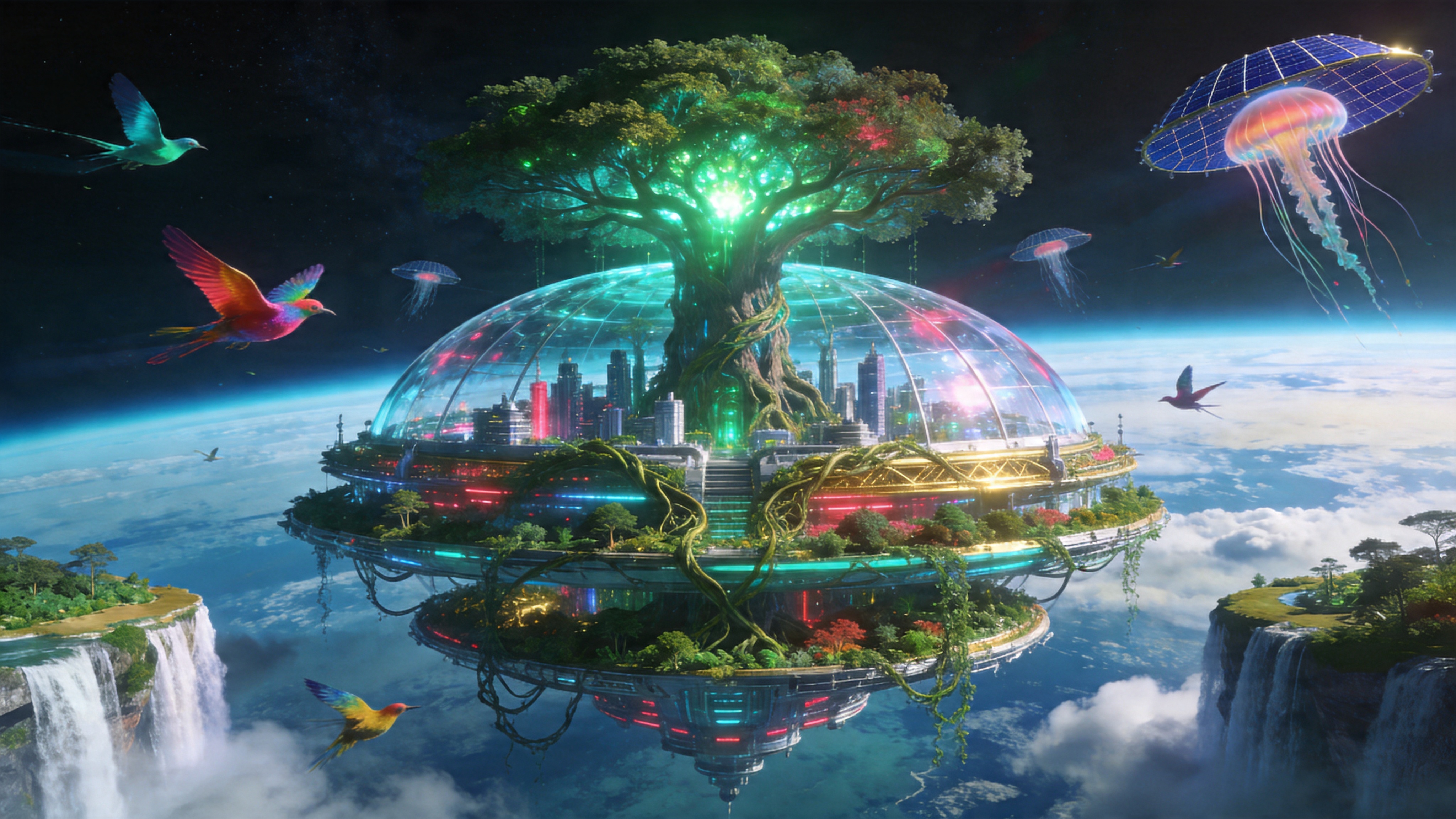 在未来的2066年，一座巨大的漂浮生态城市‘伊甸园号’正穿越地球平流层。时间是4月22日世界地球日，城市中心矗立着一棵高达数百米的基因改造超级巨树，它的树冠发光，为城市提供能源。巨大的透明穹顶下，可以看到多层立体森林，瀑布从人工岛屿边缘倾泻而下，化作云雾。空中穿梭着像水母一样的太阳能飞行器，色彩斑斓的合成鸟类在钢铁与藤蔓交织的建筑间穿梭，展现科技与自然完美共生的宏大景象。

3D科幻概念艺术风格，受Syd Mead和Blade Runner 2049影响。视觉上采用超宽画幅，强调宏大的透视感和空间深度。色彩呈现赛博朋克风格的霓虹色（青色、洋红）与有机自然的翠绿色、金色的强烈对比。材质上强调光滑的金属、透明玻璃与粗糙植物纹理的混合。光影戏剧化，体积光和辉光效果显著，画面锐利，具有电影级的史诗感和未来感。