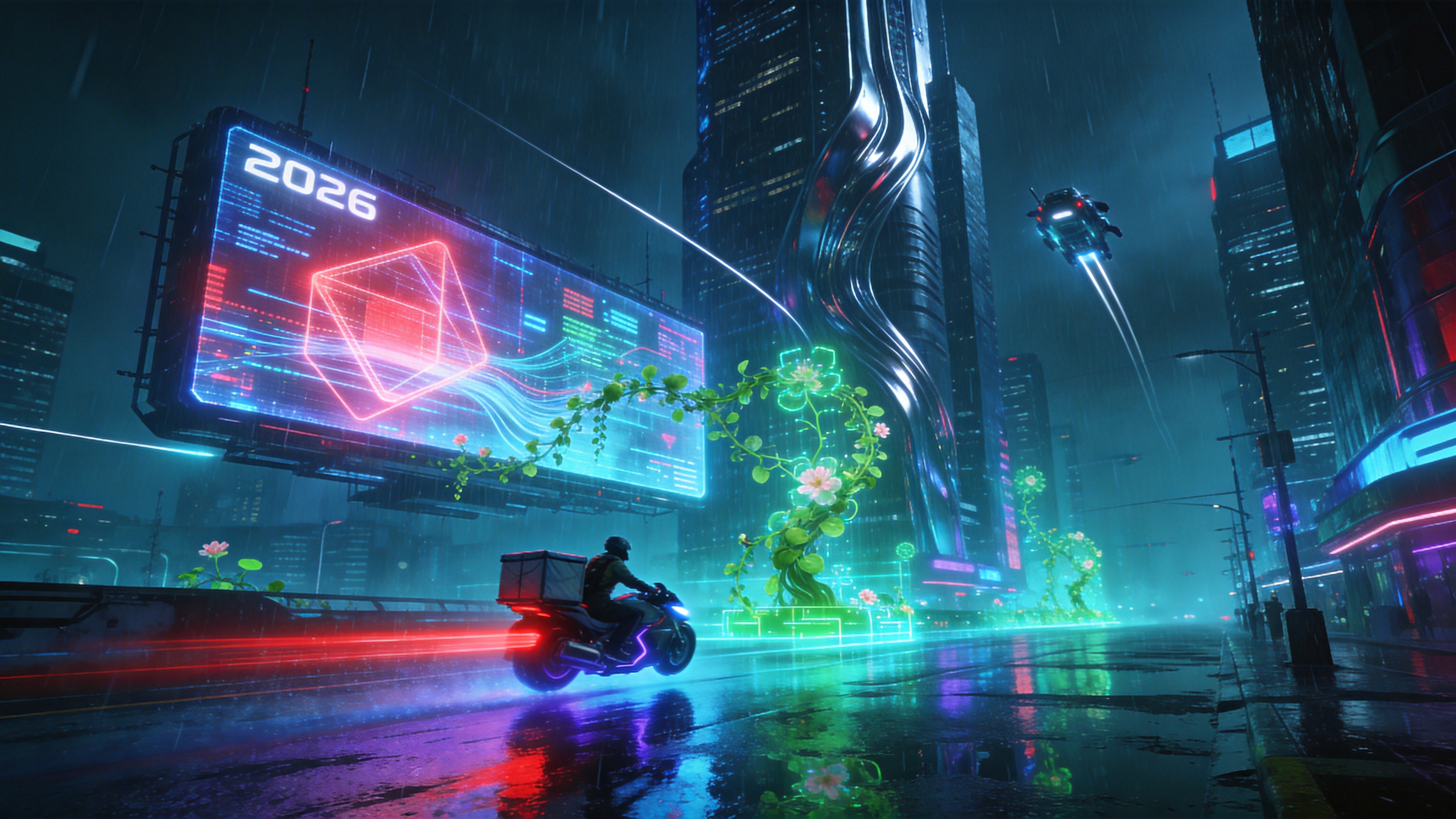 一个充满未来感的赛博朋克城市夜景，设定在2026年的未来都市。巨大的全息投影广告牌悬浮在空中，播放着抽象的几何图形和流动的数据流，其中一部分投影呈现出绿色的春藤和花朵的数字形态，象征着科技与自然的融合。街道上积着雨水，倒映着霓虹灯的蓝紫光芒。一名骑着悬浮摩托的快递员疾驰而过，留下一道红色的光尾。背景是高耸入云的摩天大楼，建筑表面覆盖着流动的金属光泽，空中穿梭着飞行的载具，雨丝在霓虹灯光下如同发光的银线。

赛博朋克概念艺术，Ray-tracing 渲染技术。视觉风格强烈，主色调为冷峻的青蓝色与高饱和度的洋红、霓虹绿形成高对比度。光影具有戏剧性，强调湿滑地面的反光和全息投影的辉光效果。细节丰富，充满机械感和科技美学，画面具有电影级的纵深感。