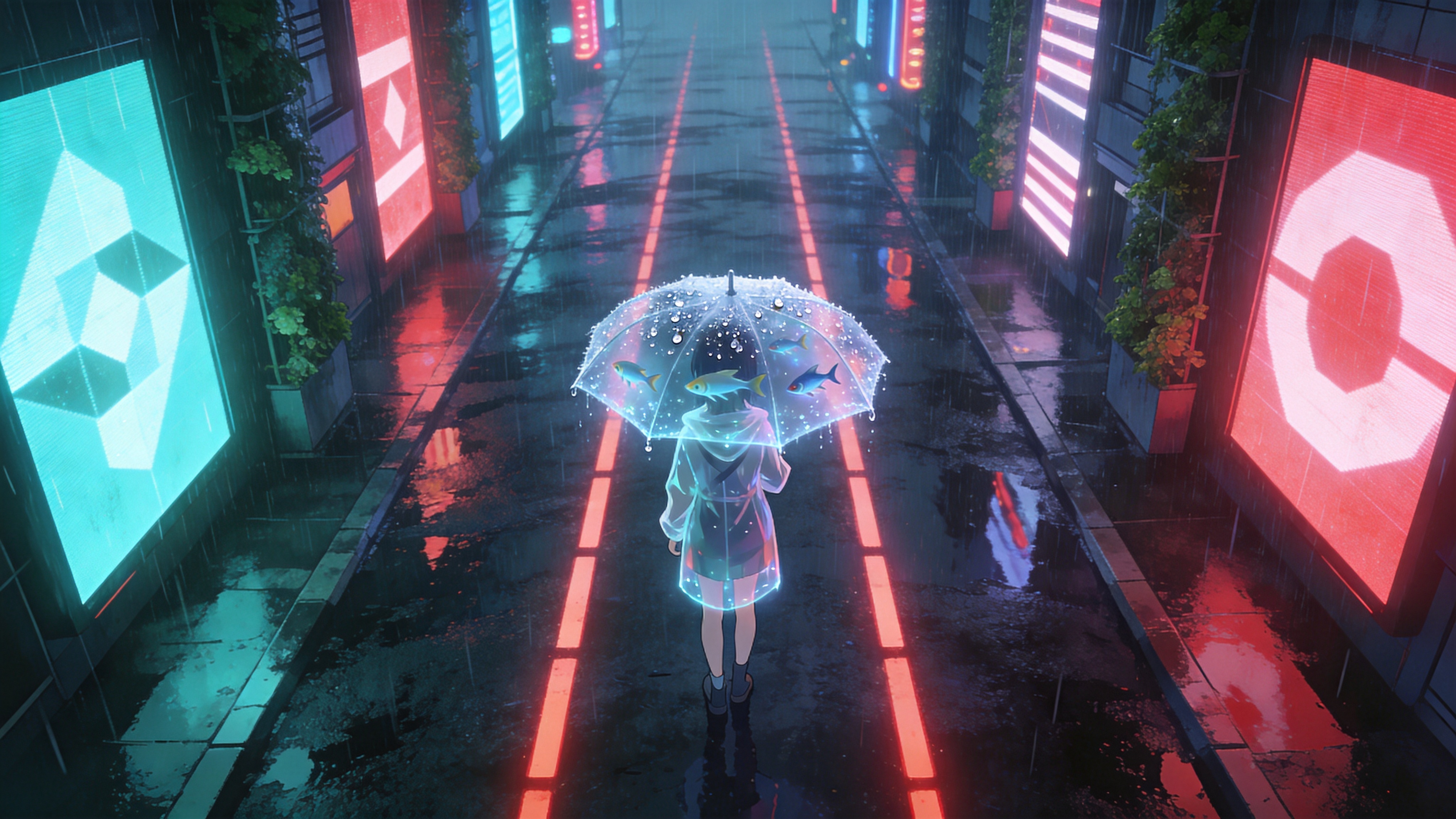 2026年6月的近未来都市，一场突如其来的太阳雨将街道冲刷得光亮如新。视角位于高空俯瞰，霓虹灯的倒影在湿漉漉的沥青路面上拉出长长的光带。画面中心是一个身穿透明雨衣的少女，她撑着一把全息投影伞，伞面上投射着游动的深海鱼群。街道两旁的建筑充满了垂直绿化，巨大的LED屏幕上播放着抽象的几何图形。雨滴在下落伞面的瞬间被冻结，每一滴雨水都折射着城市的赛博灯火。

赛博朋克风格与日系动漫的结合。高对比度的色彩，以青色和洋红为主色调，辅以雨夜特有的冷蓝。画面具有极强的光影反射质感，采用景深效果突出主体。线条锐利流畅，具有强烈的电影镜头感，仿佛定格自一部高预算的科幻动画电影。强调湿润、通透的材质表现，营造出一种孤独而浪漫的未来感。