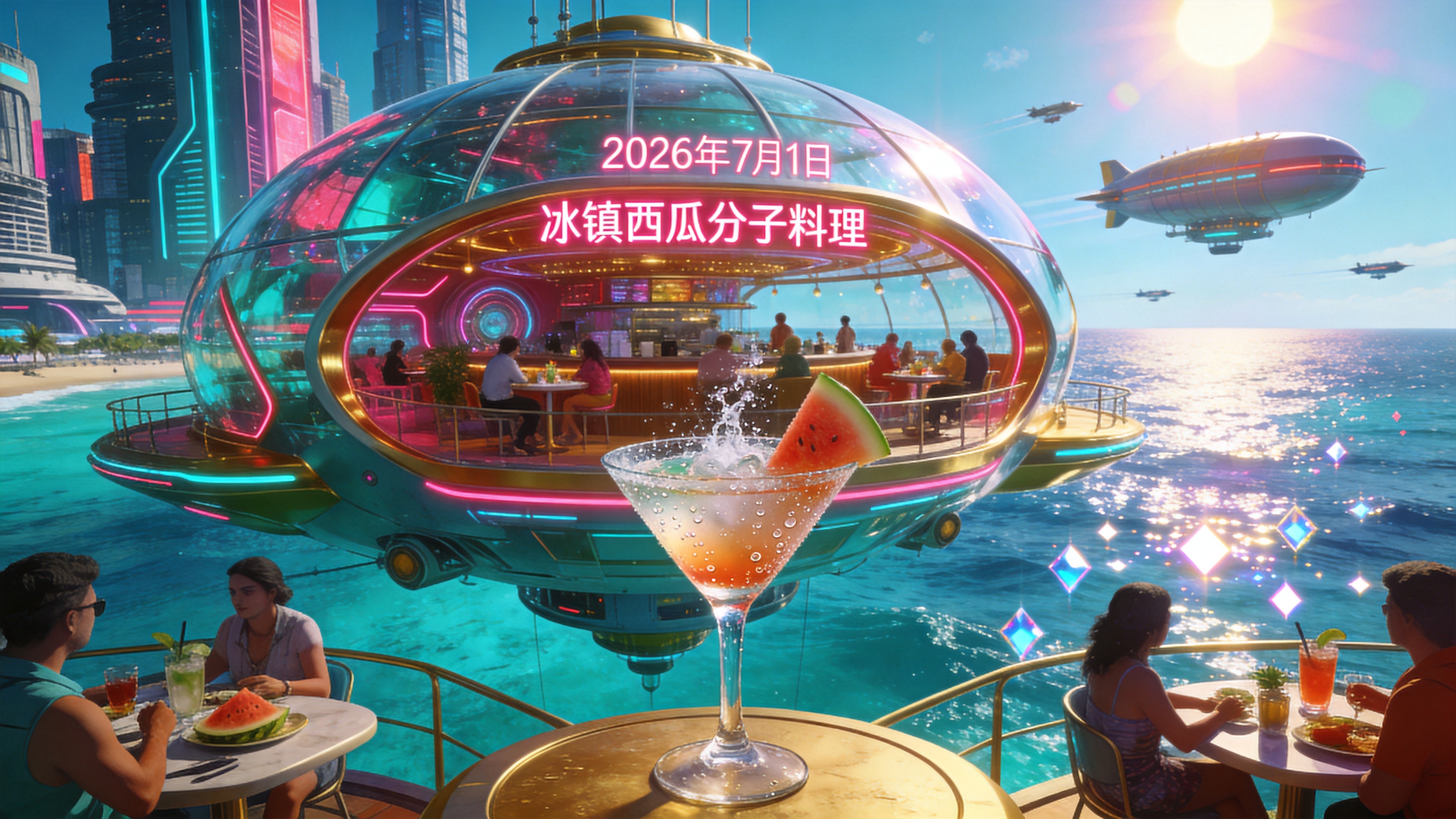 未来的海滨城市，时间是2026年7月1日的正午，烈日当空。一座造型奇特的漂浮咖啡馆悬停在半空，巨大的透明穹顶下，人们正在享受特制的“冰镇西瓜分子料理”。画面中央是一杯冒着冷气的鸡尾酒，杯壁凝结的水珠清晰可见，背景是波光粼粼的蔚蓝大海和反重力飞艇穿梭的壮观景象。阳光极其强烈，海面反射出钻石般的光芒，充满科技感与夏日的激情。

赛博朋克与阳光朋克结合的概念艺术风格。色彩高饱和度，以青色、品红和亮金色为主，强调霓虹光效与强烈的阳光对比。材质具有金属质感和玻璃的折射感，构图宏大且具有纵深感，光影锐利，细节丰富，展现高科技与自然共存的未来乌托邦美学。