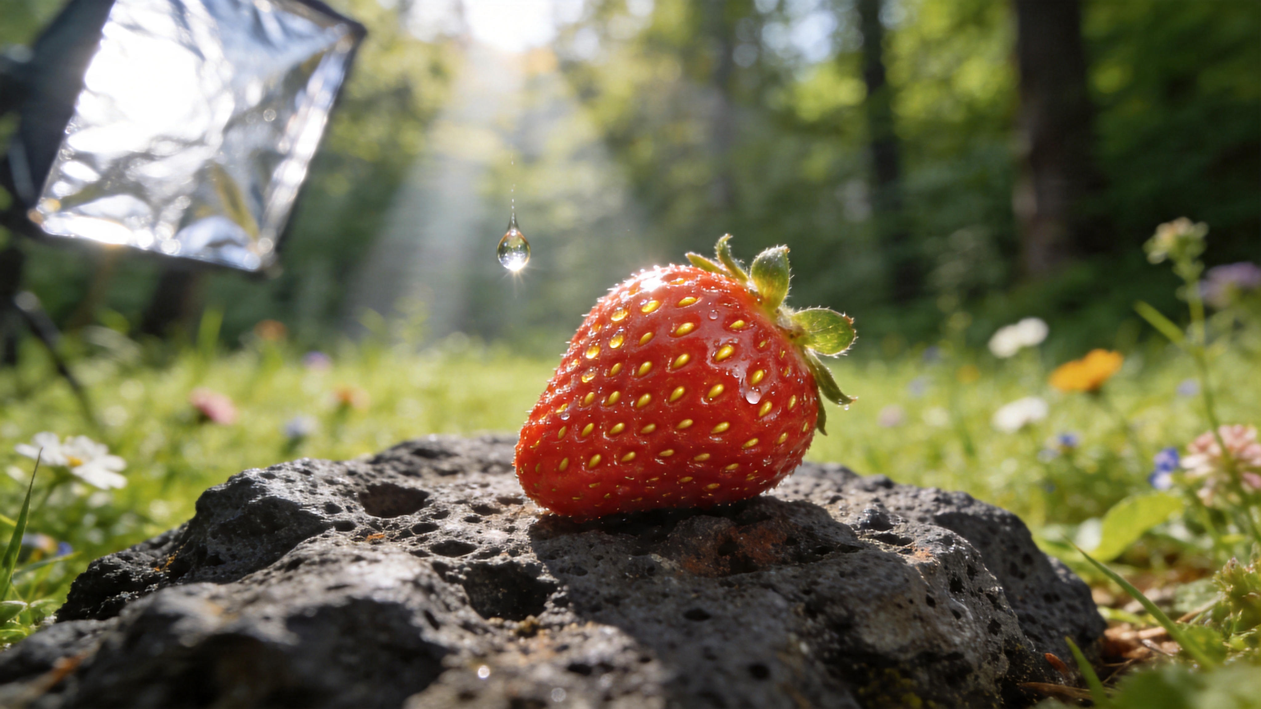 这是一幅展现2026年暮春时节的微距超写实摄影作品。主体是一颗挂满晨露的鲜红草莓，放置在粗糙的深灰色火山岩表面。草莓的表面纹理清晰可见，细小的种子呈现出完美的金黄色，晶莹剔透的水珠折射着周围翠绿的森林背景。一颗水珠正欲滴落，捕捉到了动态的张力。背景是虚化的嫩绿色草地和散落的野花，远处有一缕阳光穿透树叶形成丁达尔效应，照亮了草莓的一角，营造出一种新鲜、诱人且充满生命力的美食特写。

商业微距摄影风格，使用100mm微距镜头拍摄。光线采用柔和的自然侧逆光，配合银色反光板补光。色彩还原极其真实，强调质感对比（草莓的柔软果肉与岩石的坚硬粗糙）。具有极高的锐度和细节表现力，景深极浅，焦平面清晰，背景呈现奶油般顺滑的焦外虚化，整体色调清新自然，令人垂涎欲滴。