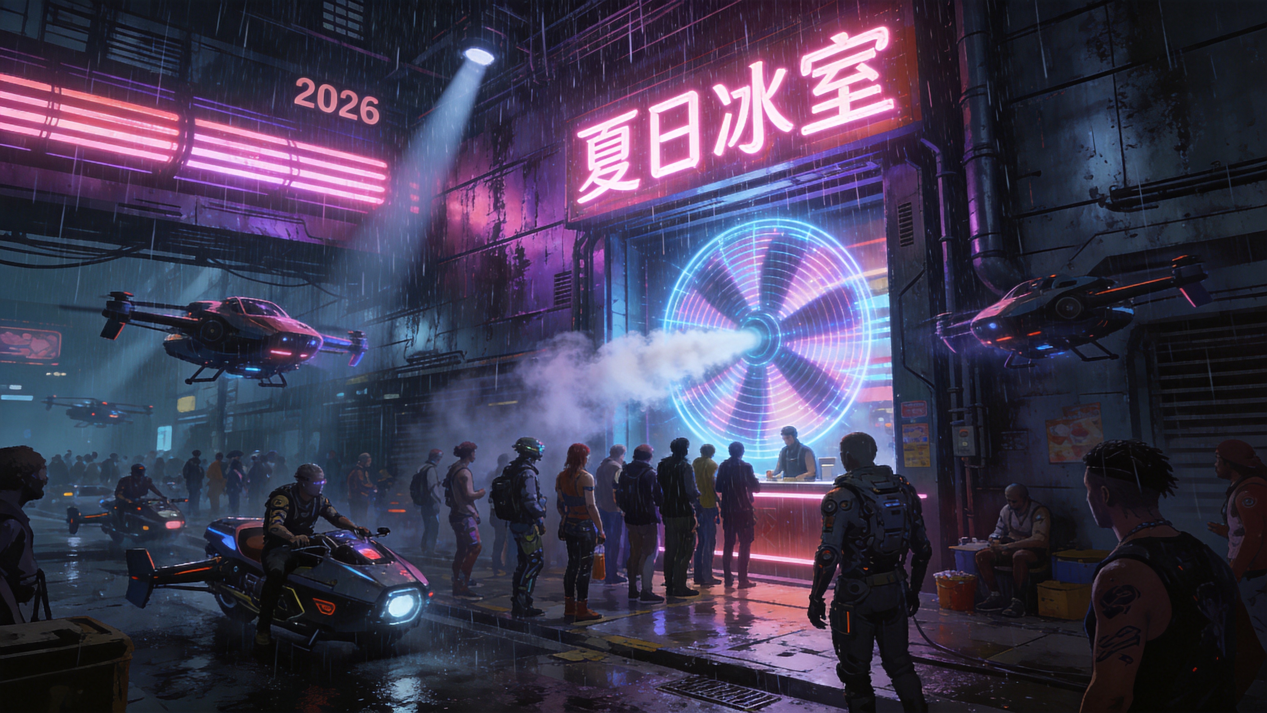 2026年未来的地下城市截面图，巨大的霓虹灯管在潮湿的金属墙壁上反射出赛博朋克标志性的粉紫光芒。街道上挤满了各式各样的飞行器和改造人，一家名为'夏日冰室'的店铺前排着长队，店门口是一个巨大的全息投影风扇，吹出的冷气在周围形成了可见的白雾，雨丝在探照灯的光束中密集地落下，整个场景充满了高科技与市井烟火气并存的矛盾美感。

赛博朋克科幻插画，厚涂技法，强烈的冷暖对比色调，强调潮湿的雨水质感、金属反光和霓虹光晕，复杂的机械细节，电影级氛围渲染，低保真度与高细节的结合。