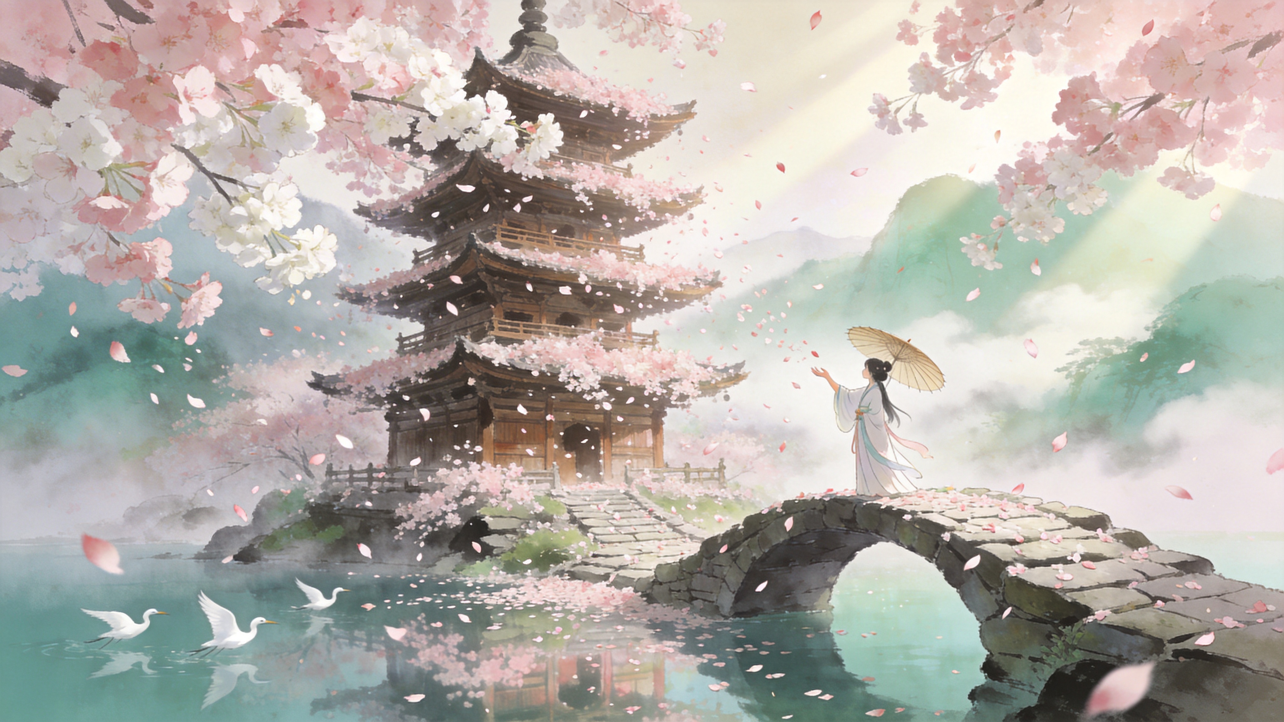 2026年3月21日，春分时节，清晨的樱花古寺。画面主体是一座被淡粉色和白色樱花雨完全覆盖的古老木制佛塔，花瓣纷纷扬扬地飘落在青石板路上。一位身着素雅汉服的少女正撑着一把油纸伞站在石拱桥上，伸手接住飘落的花瓣。背景是若隐若现的远山，云雾缭绕，几只白鹭正掠过平静的湖面，水面倒映着塔影与花影，充满了生机勃勃的春日气息。

新中式国潮插画风格，结合了传统水墨的晕染韵味与现代插画的细腻质感。色彩以淡粉、青绿、米白为主色调，光影柔和通透，运用丁达尔效应表现晨光穿过花瓣的朦胧感。笔触细腻流畅，强调花瓣的层次感和衣物的丝绸质感，整体画面唯美、清新，具有电影级的景深效果。