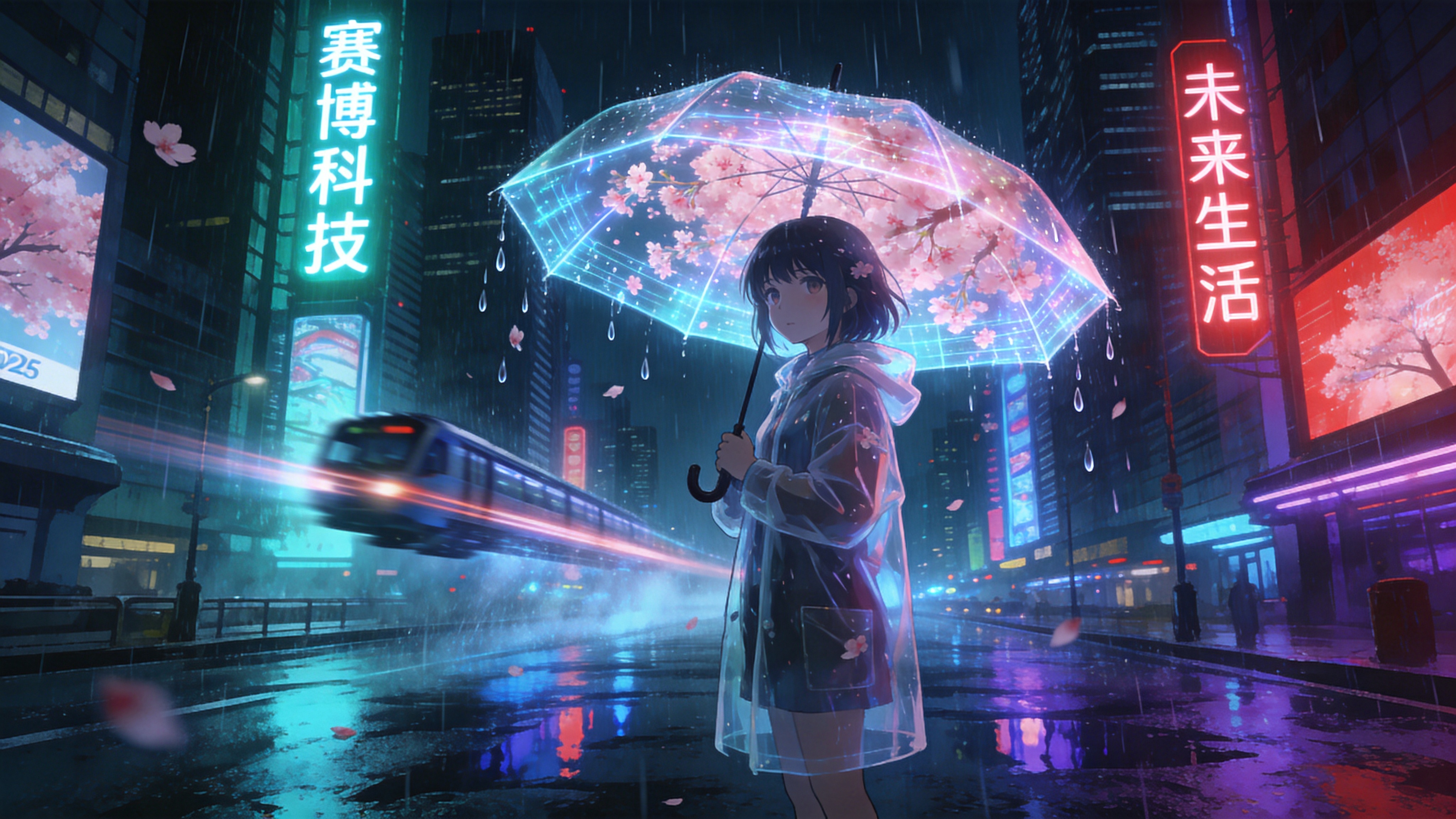 2026年的未来都市，夜幕降临，一场突如其来的春雨淋湿了街道。画面中心是一个身穿透明雨衣的少女，她撑着一把全息投影的雨伞，伞面投射出粉色的樱花全息影像，随着雨滴飘落，樱花仿佛在空中飞舞。街道两旁是高耸入云的摩天大楼，霓虹灯牌上显示着汉字与赛博朋克风格的广告，积水倒映着蓝紫色的城市灯火。远处有一辆悬浮列车正穿过雨幕，留下一道流光。

赛博朋克概念艺术，风格类似于新海诚与《银翼杀手2049》的结合。强调光影的体积感和反射效果，色彩以青色、品红和霓虹紫为主色调。雨丝和光晕经过精细渲染，画面具有极强的电影感和氛围感。构图采用广角透视，突出建筑的高大与人物的渺小，笔触细腻，数字绘画风格。