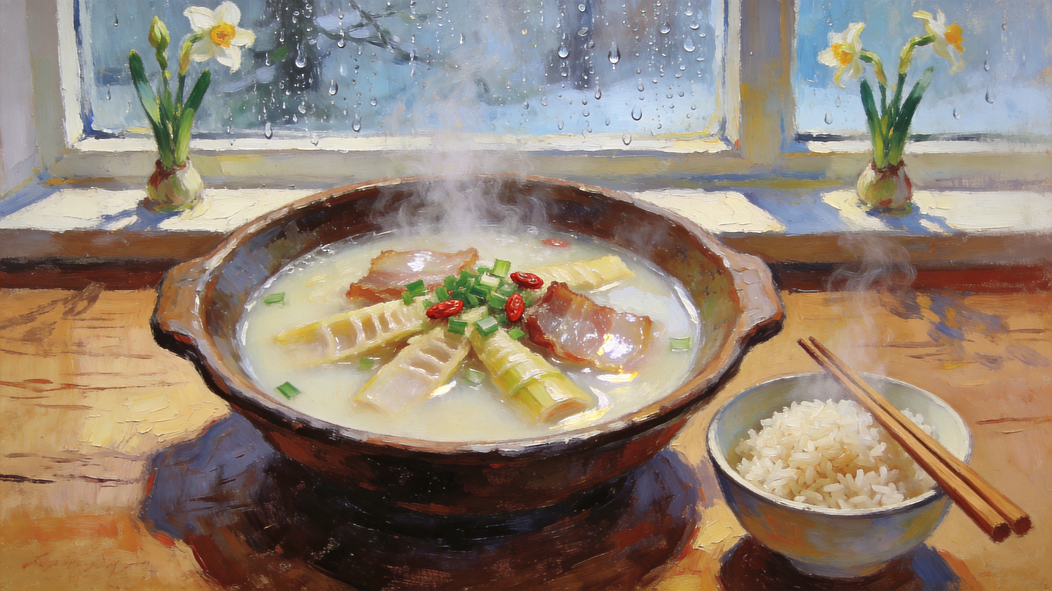 一幅充满食欲与温度的静物画。画面中央是一个粗陶制成的深盘，盘中盛着刚出锅的“春笋炖腊肉”。乳白色的浓汤正在微微沸腾，热气腾腾，几块晶莹剔透的腊肉和鲜嫩的春笋半浸在汤中，表面撒着翠绿的葱花和红色的枸杞。旁边放着一碗热气腾腾的糙米饭，一双木筷斜搭在碗沿。背景是木质餐桌的纹理，透过窗户可以看到窗外早春特有的细雨，玻璃上凝结着细密的水珠，窗台上摆放着两株刚抽芽的水仙花，营造出一种温暖、治愈的居家用餐时光。

印象派油画风格，笔触厚重而富有表现力，类似莫奈的光影处理。强调食物的温暖色调与窗外冷色调的对比。光影模拟午后自然光透过窗户洒在餐桌上的效果，强调高光在汤面上的反射和食物的质感。色彩饱满浓郁，笔触松弛，充满生活气息和艺术感，给人以温馨舒适的视觉享受。