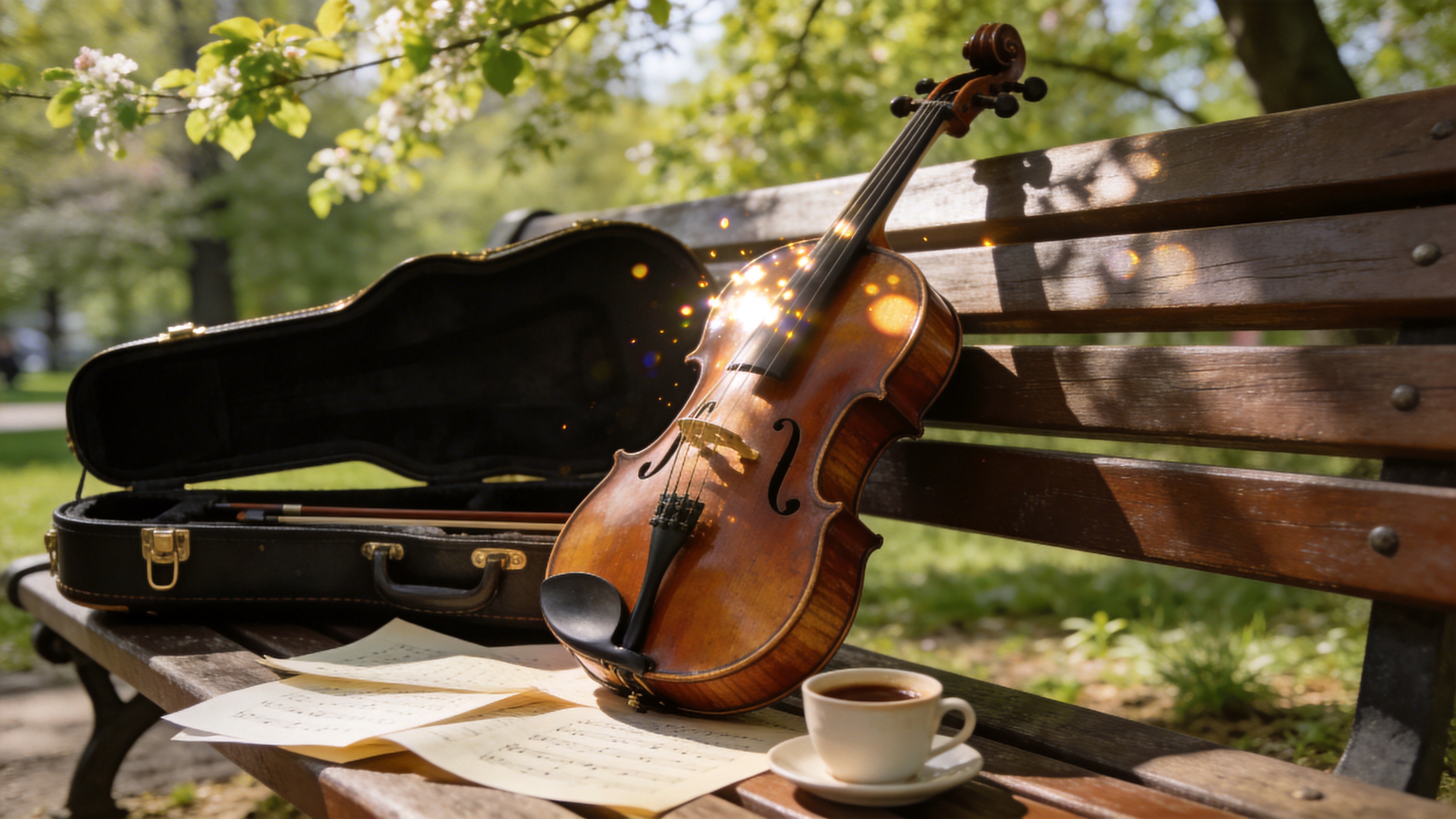 春天的公园长椅上，放着一把复古的大提琴，琴盒打开着，旁边散落着几张乐谱和一杯咖啡，阳光透过新绿的树叶洒在琴身上，光斑跳跃，仿佛刚刚结束了一场午后的演奏。

静物摄影，温馨氛围，伦勃朗光，木质纹理与金属光泽的对比，浅景深，优雅古典，像一张音乐专辑的封面。