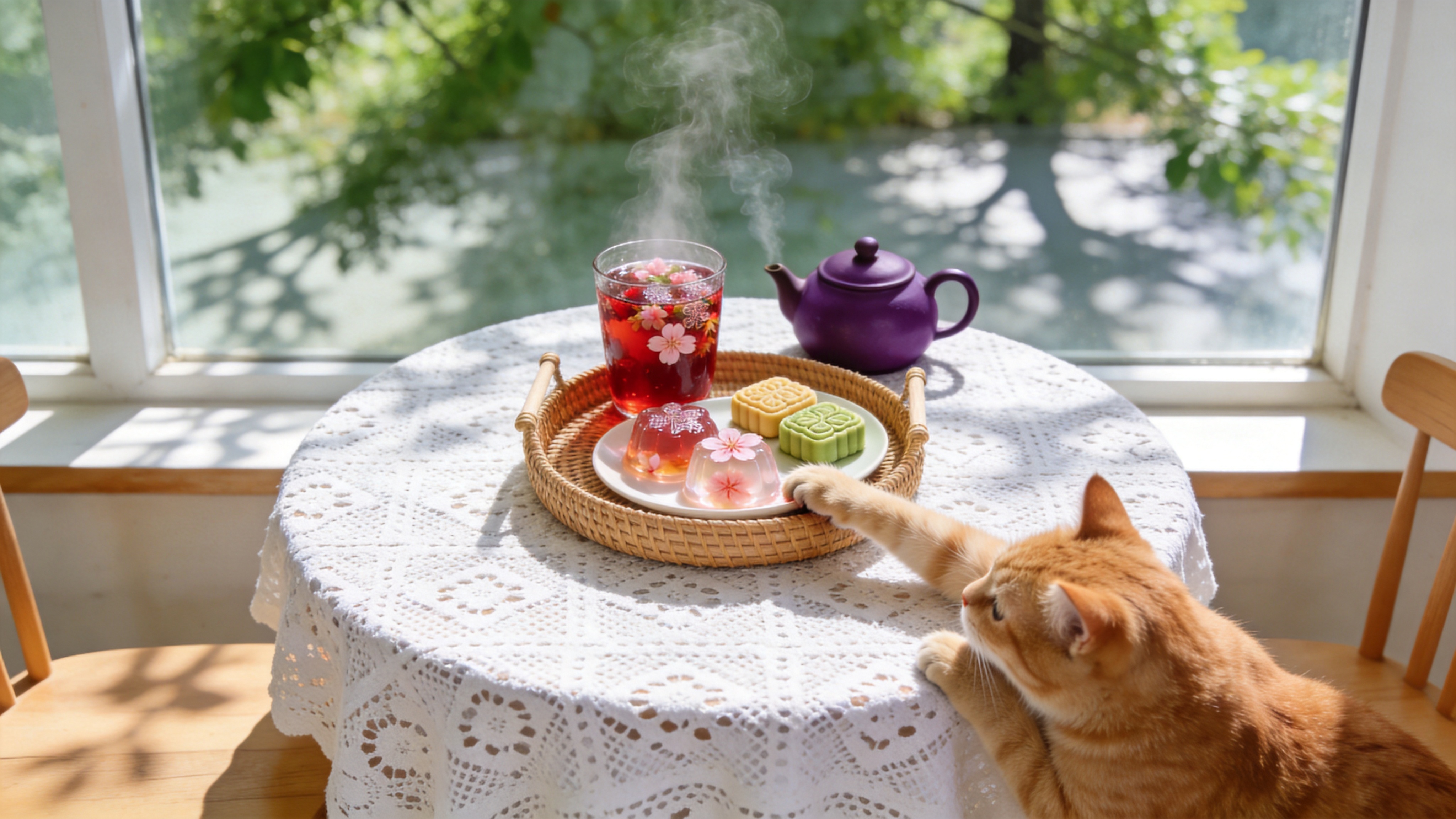 画面展现了一户人家的午后茶歇时光，阳光透过半透明的纱帘洒在木质餐桌上。桌上铺着带有镂空花纹的白色桌布，中心摆放着一只精致的竹编篮子，里面盛满了红彤彤的恩施玉露茶配制的时令樱花果冻和几块刚出炉的绿豆糕。旁边是一把正在冒热气的紫砂壶，热气在阳光中袅袅上升。一只毛色光亮的橘猫正趴在桌角，好奇地伸出爪子想要触碰那盘晶莹剔透的果冻。窗外是初夏郁郁葱葱的绿树，斑驳的树影投射在桌面上，时光仿佛在此刻静止，充满了生活的烟火气与治愈感。

日系清新摄影风格，类似于森山大道或滨田英明的生活记录。采用自然光照明，强调高调和过曝的柔和效果。色彩明亮且低饱和度，以米白、浅绿和暖橙色为主，营造出温暖、干净、舒适的居家氛围。对焦清晰，背景虚化，强调食物的质感和光影的通透感。