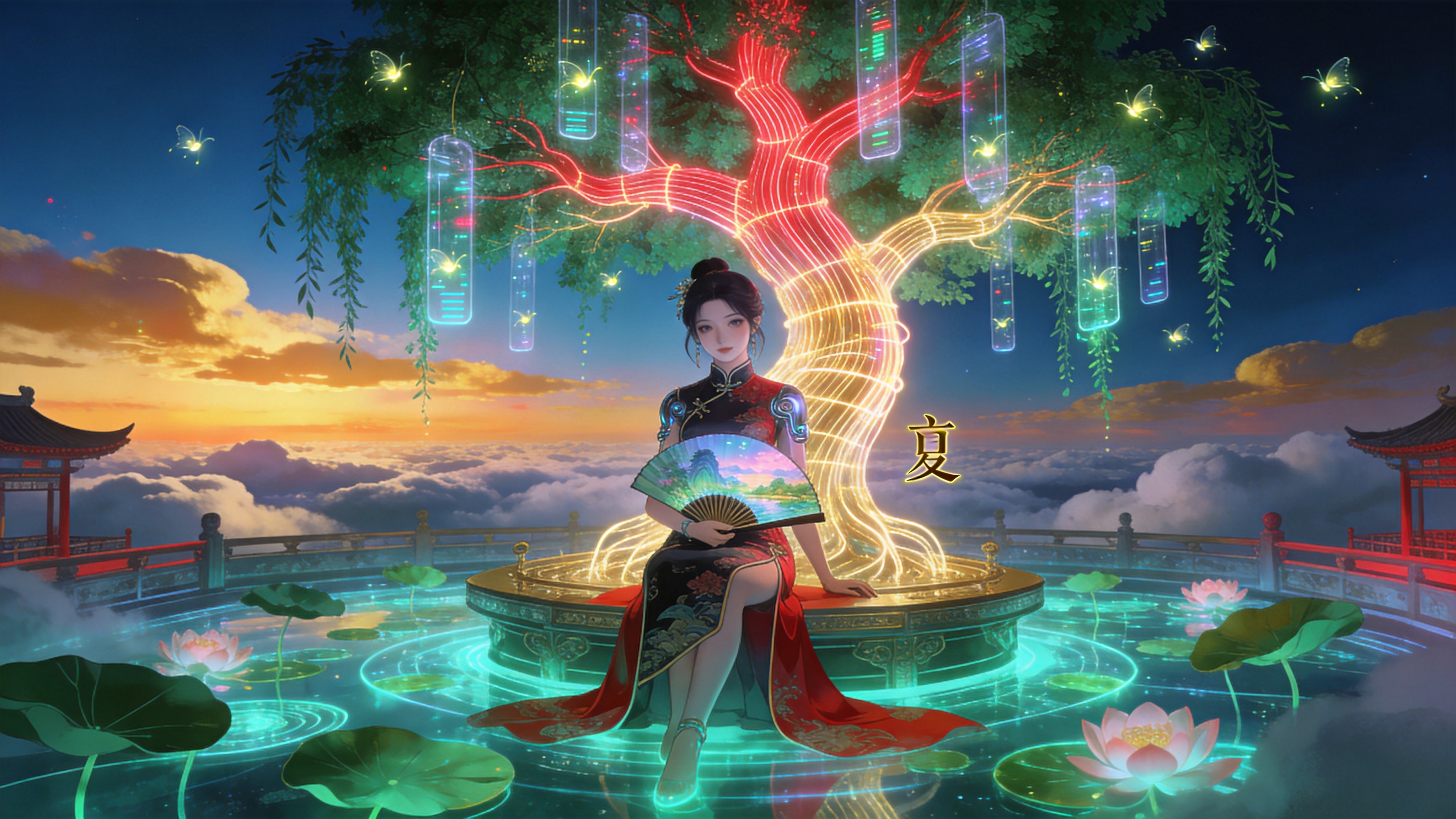 一座悬浮在云海之上的未来派中式庭院，时间设定为2026年的初夏。庭院的地面由全息投影的荷花池组成，荷叶随着虚拟的风轻轻摇曳。画面主体是一棵巨大的、由发光光纤构成的槐树，树冠上挂满了透明的数据流萤火虫。一位身穿改良赛博旗袍的少女坐在树下，手里拿着一把折扇，扇面上正播放着动态的风景。背景是深邃的蓝天和被夕阳染成金色的云层，融合了传统节气“立夏”的意象与高科技元素。

赛博朋克与新国潮插画风格，概念艺术。色彩高饱和度，采用霓虹青、洋红与暖金色的撞色设计。线条流畅硬朗，结合了工笔画的细腻与科幻艺术的机械感。材质上强调金属光泽、全息透明感与丝绸的对比。光影具有戏剧性，体积光感强，整体氛围神秘、华丽且充满未来幻想。