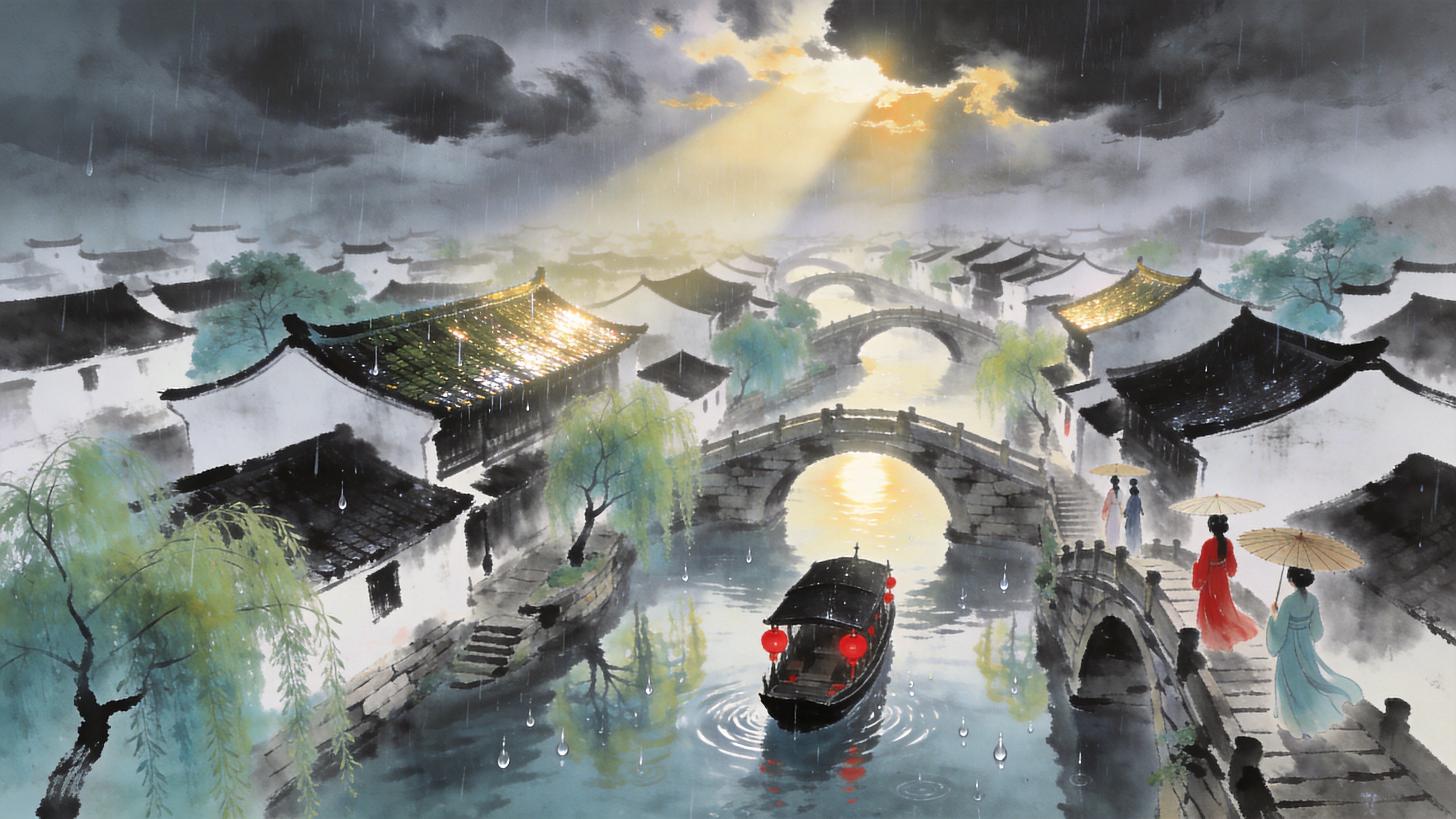 2026年初夏的江南水乡，一场突如其来的太阳雨。画面采用鸟瞰视角，展现蜿蜒曲折的河道和无数座连接两岸的石拱桥。乌篷船在雨丝中穿行，船头挂着一盏红灯笼，在灰蒙蒙的雨幕中显得格外鲜艳。雨滴落在水面上激起层层涟漪，倒映着岸边垂柳的嫩绿和远处白墙黑瓦的徽派建筑。天空中一边乌云密布，一边却透出几束金色的阳光（耶稣光），照耀在湿漉漉的青瓦屋顶上，形成迷人的丁达尔效应。几位身着汉服的少女撑着油纸伞站在桥头回望，裙摆随风微动。

新中式国风水墨风格，结合现代CG渲染。以淡墨、靛青、朱砂为配色，注重留白意境。笔触既有传统水墨的晕染写意，又具备3D渲染的空间纵深感。强调烟雨朦胧的氛围感，光影柔和而富有诗意。整体画面追求宁静致远、虚实相生的东方禅意美学。