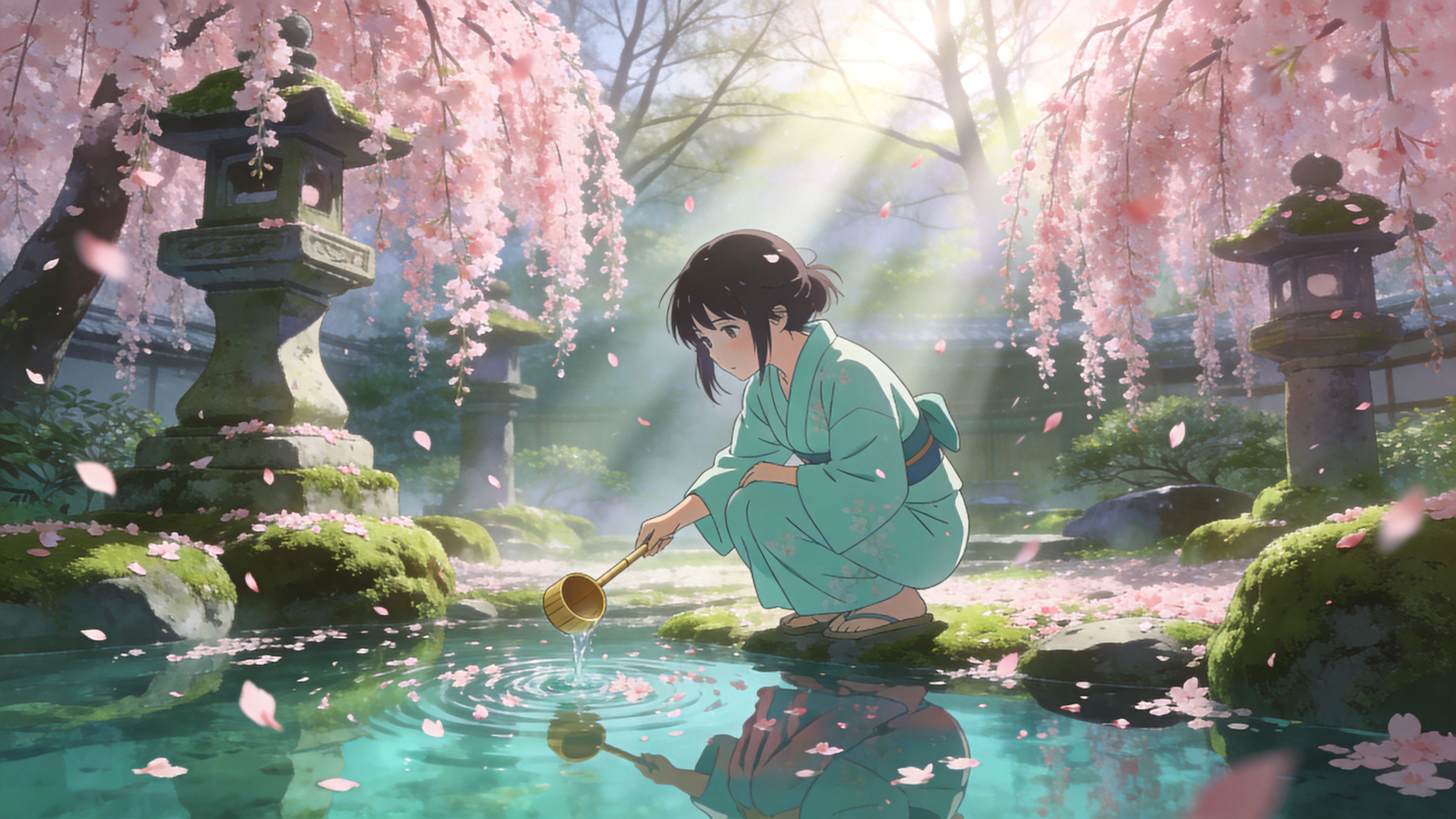 2026年4月11日的清晨，日本京都的一处古老庭院。几株盛开的垂枝樱花（垂樱）如粉色的瀑布般倾泻而下，花瓣随风轻轻飘落在布满青苔的石灯笼和清澈的池塘水面上。一位身着淡青色和服的少女正蹲在池塘边，用竹勺小心翼翼地舀起一勺水，水面上倒映着她温柔的侧脸和纷飞的樱花。阳光透过稀疏的树缝洒下，形成丁达尔效应，空气中弥漫着春天的朦胧与诗意。

新海诚动漫风格，超高清画质，极致的光影渲染，通透的空气感，高饱和度的粉青色调，细腻的背景细节，情感化构图，8K分辨率。