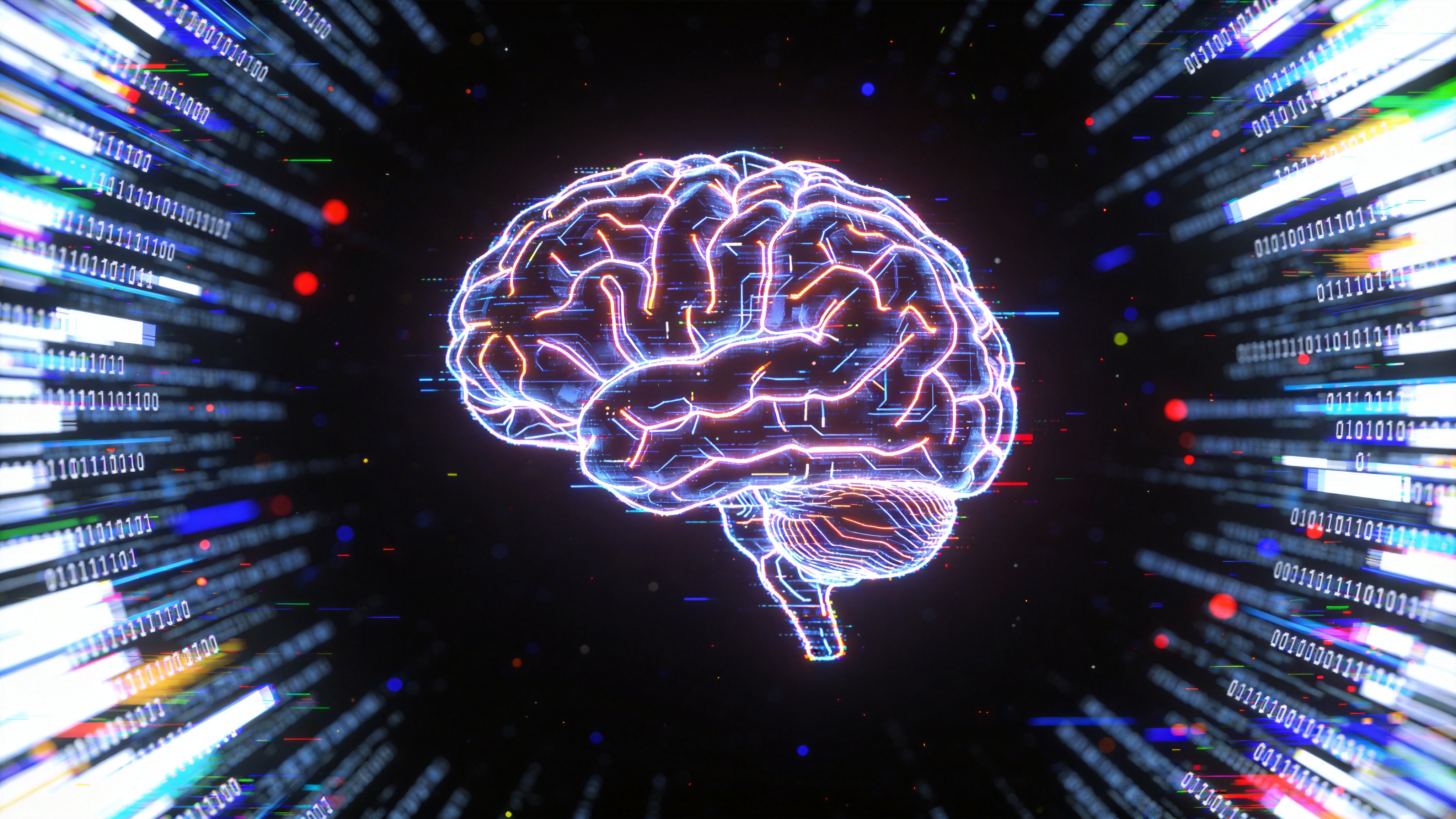 一个由无数霓虹灯管组成的巨大人脑轮廓，悬浮在黑暗的虚空中，灯管不断闪烁流动，模拟神经元的传递，周围环绕着二进制代码流，象征着人工智能的觉醒。

赛博朋克故障艺术，Glitch效果，霓虹发光，黑底，高对比度，电子故障纹理，科技感，未来主义设计。