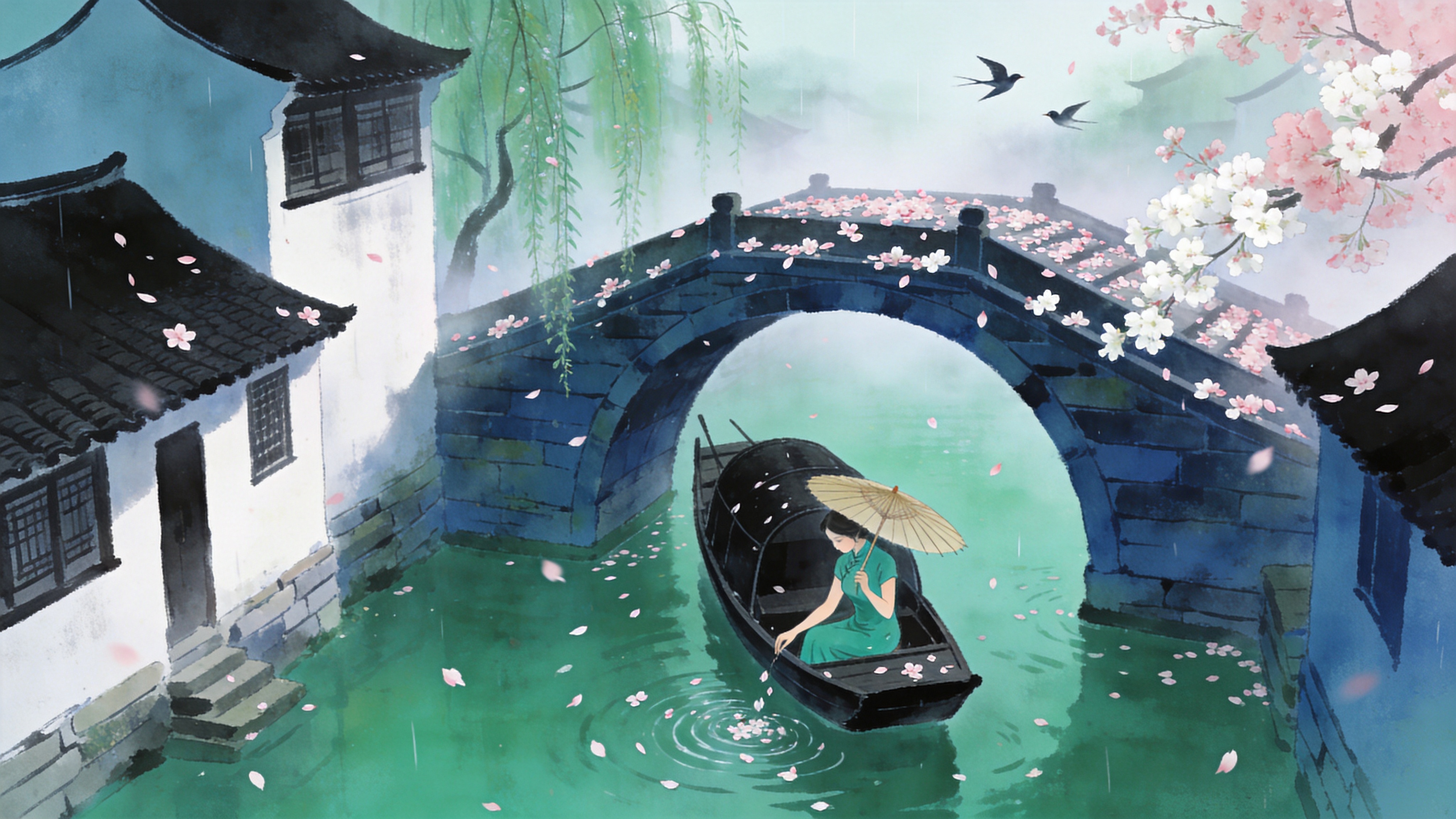 2026年4月下旬的江南水乡古镇，清晨的薄雾尚未散去，一座古老的石拱桥横跨在碧绿的河面上。桥面上落满了粉白色的晚樱花瓣，微风拂过，花瓣如雪般飘落在缓缓流动的河水中。河岸两旁是白墙黑瓦的徽派建筑，一艘乌篷船正穿过桥洞，船头坐着一位穿着青色旗袍的女子，手撑一把油纸伞，正低头看着水面上的落花。远处柳丝垂入水中，几只燕子低空掠过水面，激起层层涟漪。画面充满了暮春时节特有的诗意与淡淡的惜春之情。

新中式水墨插画风格，结合了工笔画的细腻与水墨画的写意。色调以淡雅的青绿色、黛蓝色为主，点缀柔和的粉白。光影处理柔和，采用漫射光效果，营造出烟雨江南的朦胧湿润感。笔触流畅自然，具有宣纸的纹理质感，画面留白恰当，意境深远，充满东方美学韵味。