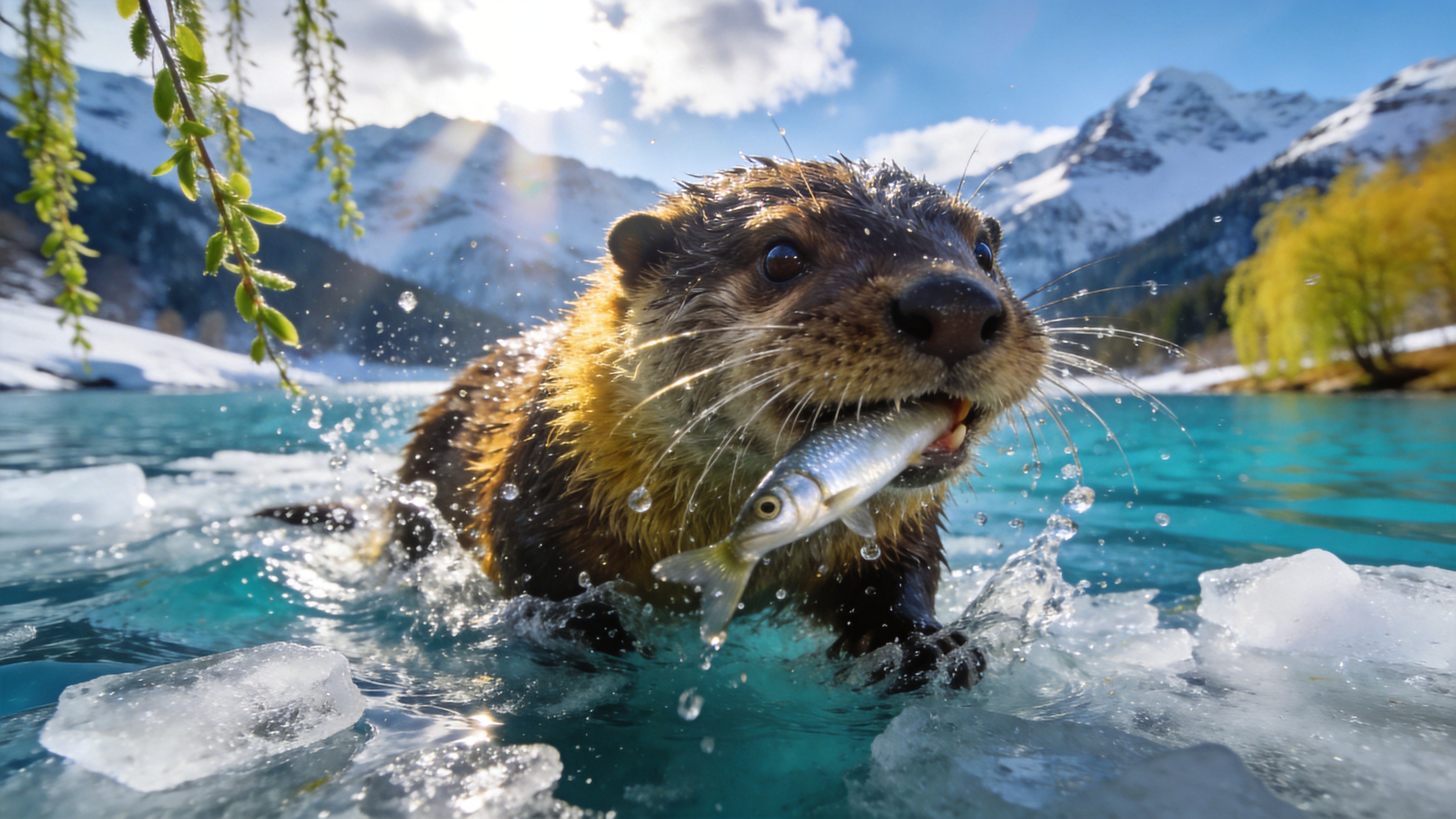 早春时节的阿尔卑斯山脚，一片刚刚解冻的湖面上漂浮着几块碎冰。画面特写捕捉了一只正在破冰而出的水獭，它嘴里衔着一条银光闪闪的鱼，水珠四溅，动态感极强。水獭的毛发蓬松湿润，在阳光下呈现出深棕色与金黄色的光泽。背景是尚未完全融化的雪山和岸边嫩黄绿色的柳枝，湖水呈现出一种深邃的蒂芙尼蓝，阳光穿透云层形成丁达尔效应，照亮了水獭灵动的眼神，展现出大自然万物复苏的野性生命力。

国家地理超写实野生动物摄影风格。追求极致的真实感和细节还原，毛发纹理的每一根都清晰可辨。色调明亮通透，高饱和度但自然不艳俗。光影采用自然光，强调逆光下的轮廓光和水面的焦散效果。景深较浅，主体突出，具有微距镜头的视觉冲击力，8K超高清画质。