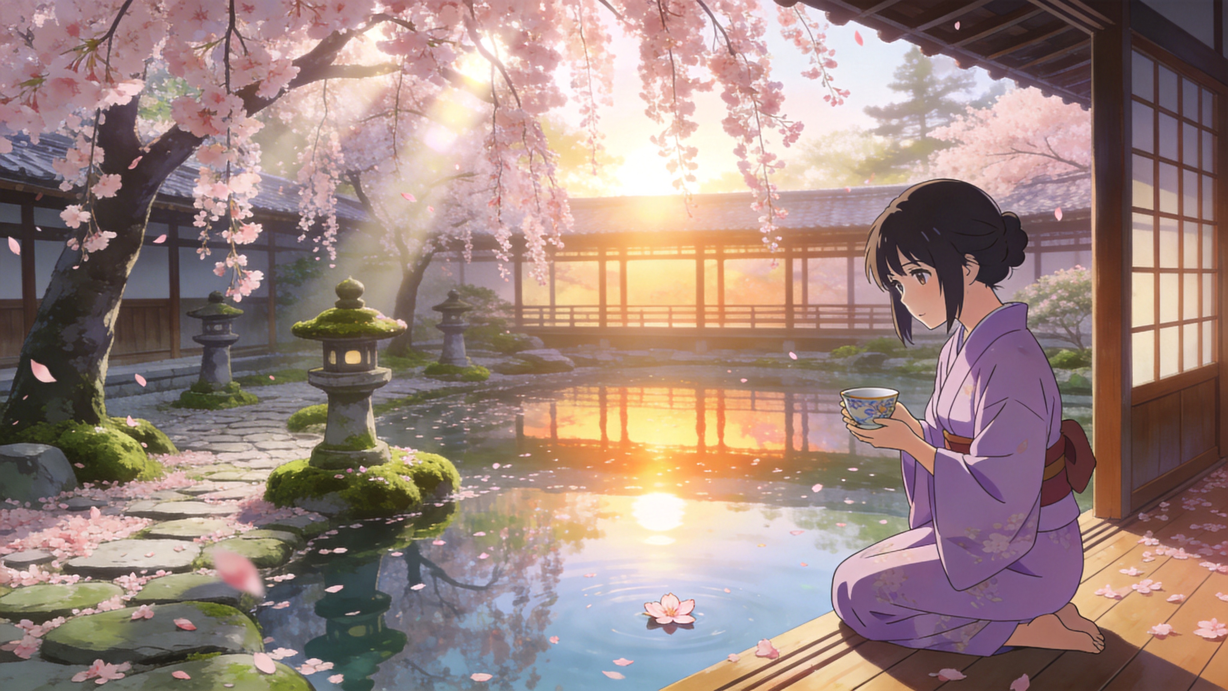 画面定格在 2026 年 4 月中旬的一个清晨，位于京都的一处古老庭院。几株晚开的垂枝樱花正飘落最后的花瓣，如粉色的雪般覆盖在青石板路和长满青苔的石灯笼上。庭院中央有一方清澈的池塘，倒映着初升的朝阳和远处木质回廊的剪影。一位身着淡紫色和服的少女正跪坐在回廊边缘，手中捧着一只精致的陶瓷茶杯，眼神温柔地注视着落在水面上的一片花瓣，空气中弥漫着静谧与春意阑珊的禅意。

新海诚动漫风格，超高清 8K 分辨率。色彩明亮通透，强调光影的细腻变化，丁达尔效应透过树梢洒下光斑。线条流畅精致，背景绘制极度详实，具有强烈的电影感和唯美的二次元美学。
