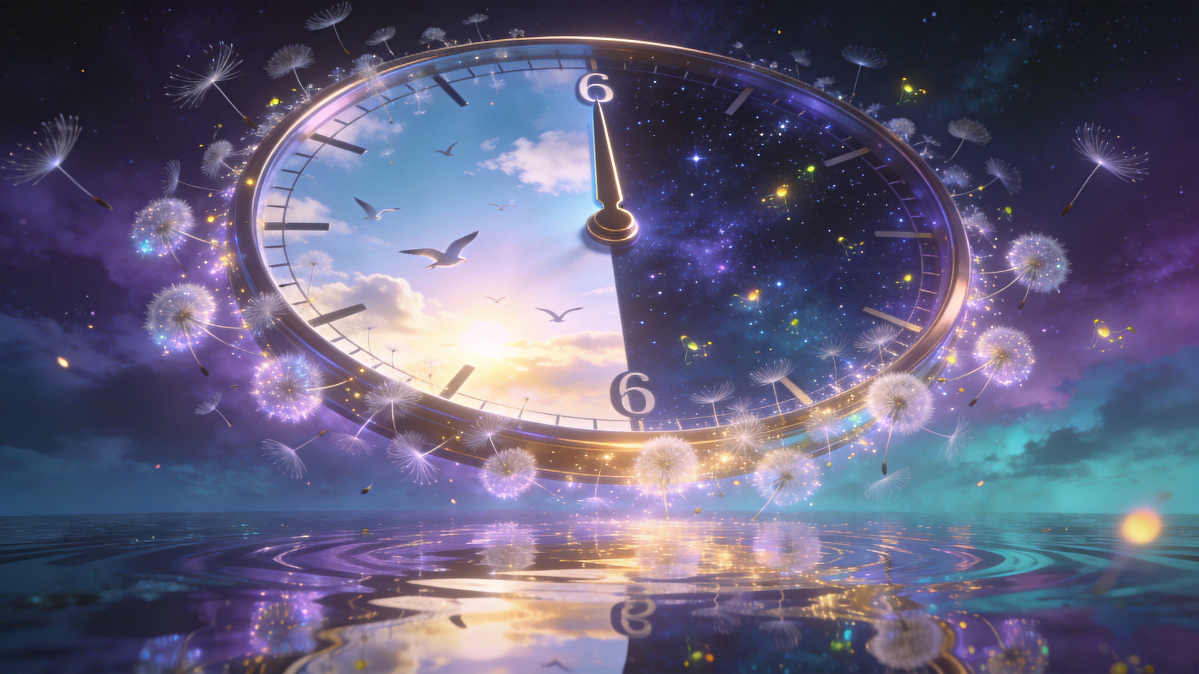 一个超现实主义的春日梦境场景。巨大的时钟悬浮在半空中，指针精准指向6点（象征春分昼夜平分）。时钟内部不是机械结构，而是一个微缩的生机勃勃的世界：一半是白天，阳光普照，飞鸟翱翔；另一半是夜晚，星辰闪烁，萤火虫飞舞。无数发光的蒲公英种子从时钟边缘向四周飘散，下方是一片波光粼粼的镜面湖泊，倒映着天空中的奇幻景象。整个场景既神秘又充满希望，寓意着时间的平衡与春天的无限可能。

数字概念艺术与超现实主义结合，3D渲染质感。光影效果极具戏剧性，采用体积光和霓虹光晕。色调以深邃的紫罗兰色、梦幻的青色和耀眼的金色为主。画面构图宏大且富有张力，细节精细，具有科幻电影海报的视觉冲击力和神秘美感。