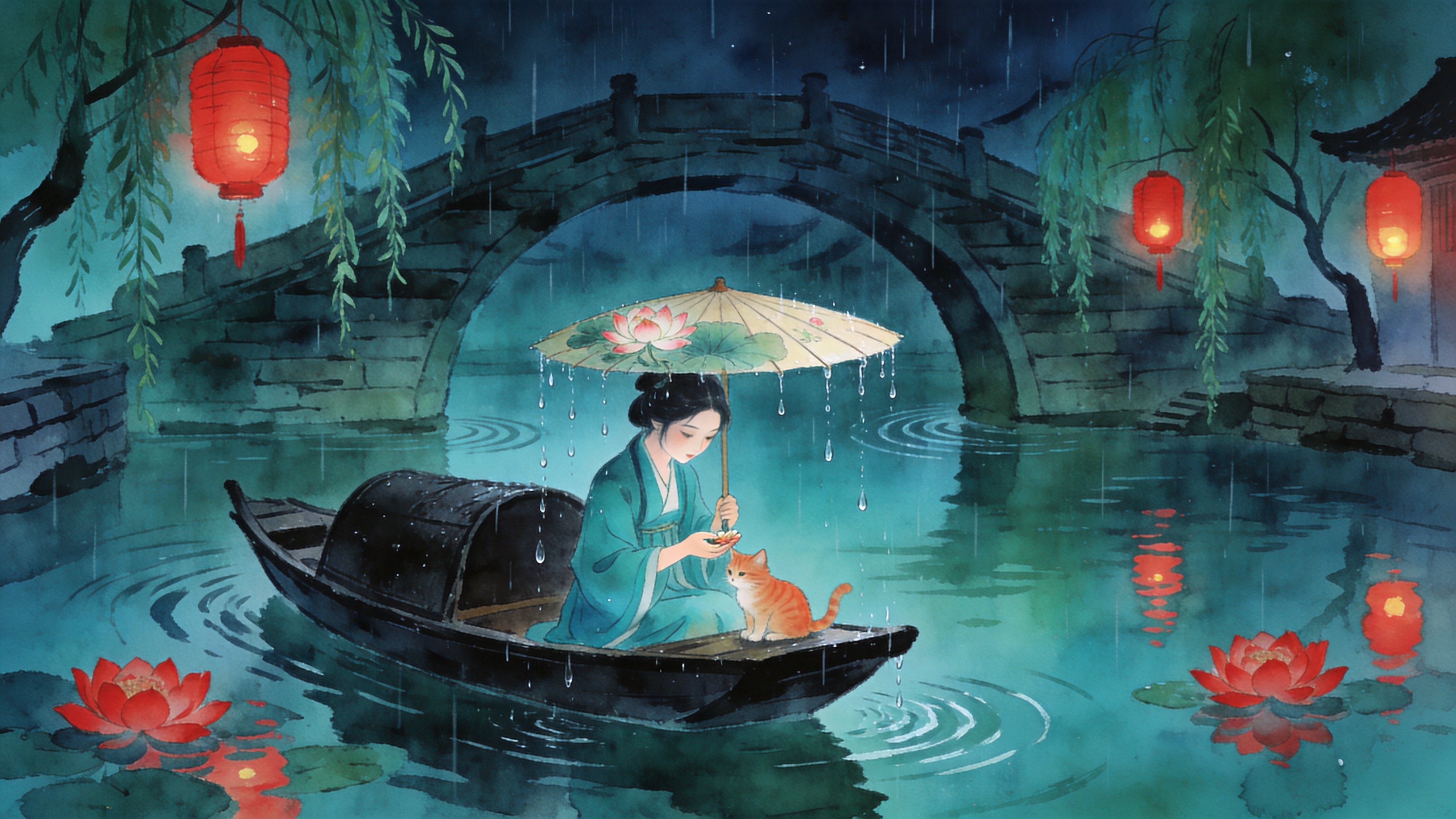 江南水乡的雨夜，一座古老的石拱桥横跨在平静的河面上，细雨如丝，泛起层层涟漪。一盏盏红灯笼挂在桥头的柳树枝头，倒映在水中如同一朵朵盛开的红莲。一艘乌篷船缓缓划过，船头坐着一位身着青色汉服的少女，她手持一把绘有荷花的油纸伞，正低头看着手中一只湿漉漉的小橘猫。雨滴顺着伞沿滴落，整个世界仿佛被笼罩在一层湿润的青色滤镜中，充满东方的含蓄之美。

新中式水墨插画风格，融合水彩的晕染效果。主色调为不同深浅的黛青色，点缀温暖的朱砂红。线条流畅灵动，留白意境深远。强调雨水的湿润质感和灯笼的暖光对比。画面具有细腻的纸张纹理，像是在宣纸上精心绘制的一幅夏夜听雨图。