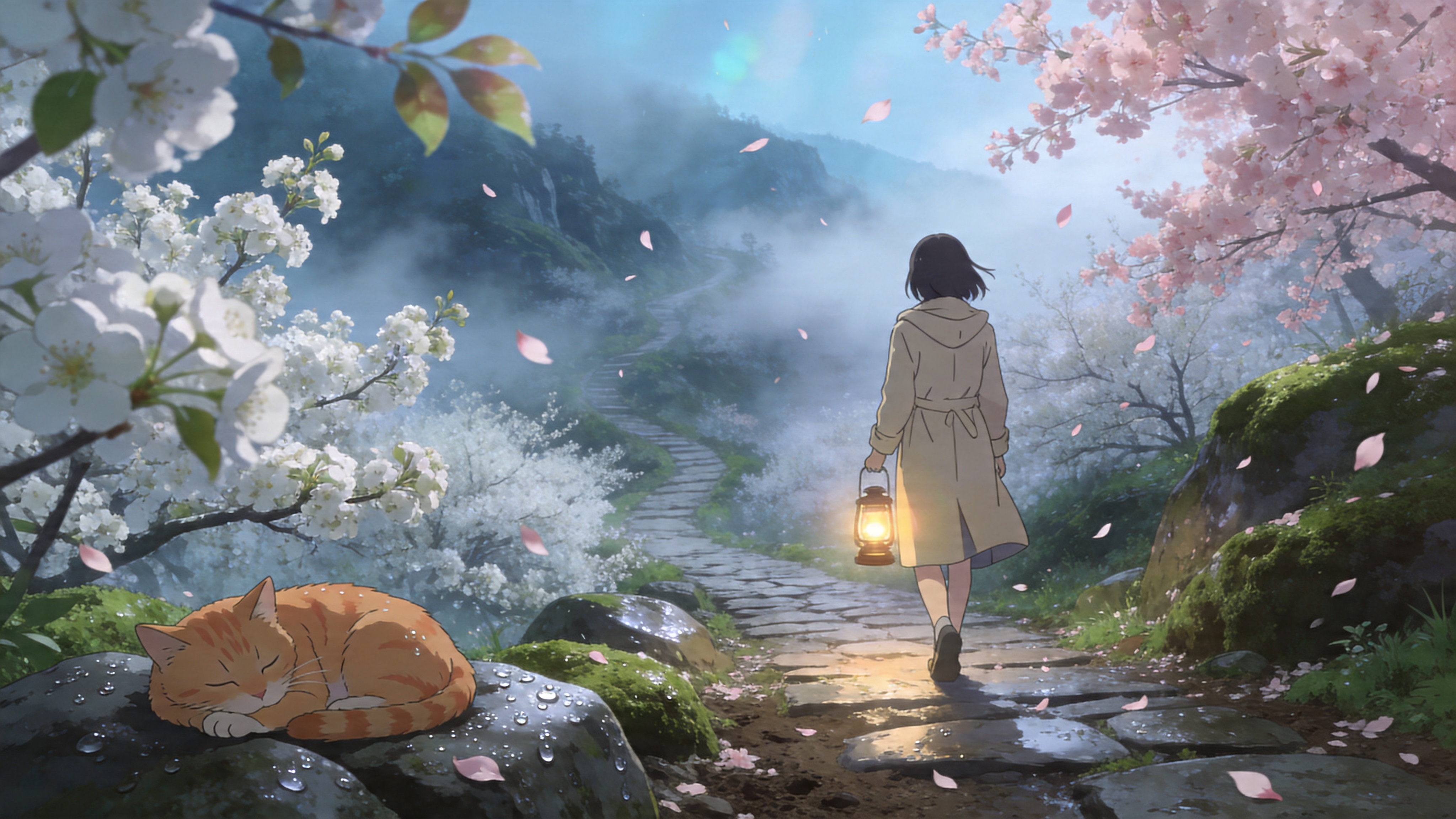 画面定格在 2026 年 4 月 19 日的清晨，这是一条蜿蜒在山谷间的古老石板路。道路两旁开满了洁白如雪的梨花和粉嫩的晚樱，花瓣随风飘落在湿润的青苔上。一位穿着米色风衣的年轻女子背对镜头，正走向远处云雾缭绕的半山腰，她的手中提着一盏复古的煤油灯，微弱的暖光与周围清冷的晨雾形成对比。空气中弥漫着湿润的泥土芬芳和淡淡的花香，画面左下角有一只慵懒的橘猫正趴在布满露水的石头上打盹。

新海诚日系动漫风格，极致的高清画质，强调环境光与空气感。色彩以清新的青蓝色、樱花粉和晨雾白为主调。运用镜头光晕和动态模糊效果，光影处理细腻，呈现出一种梦幻、唯美且略带忧伤的春日清晨氛围，注重背景中树叶和花瓣的纹理细节。
