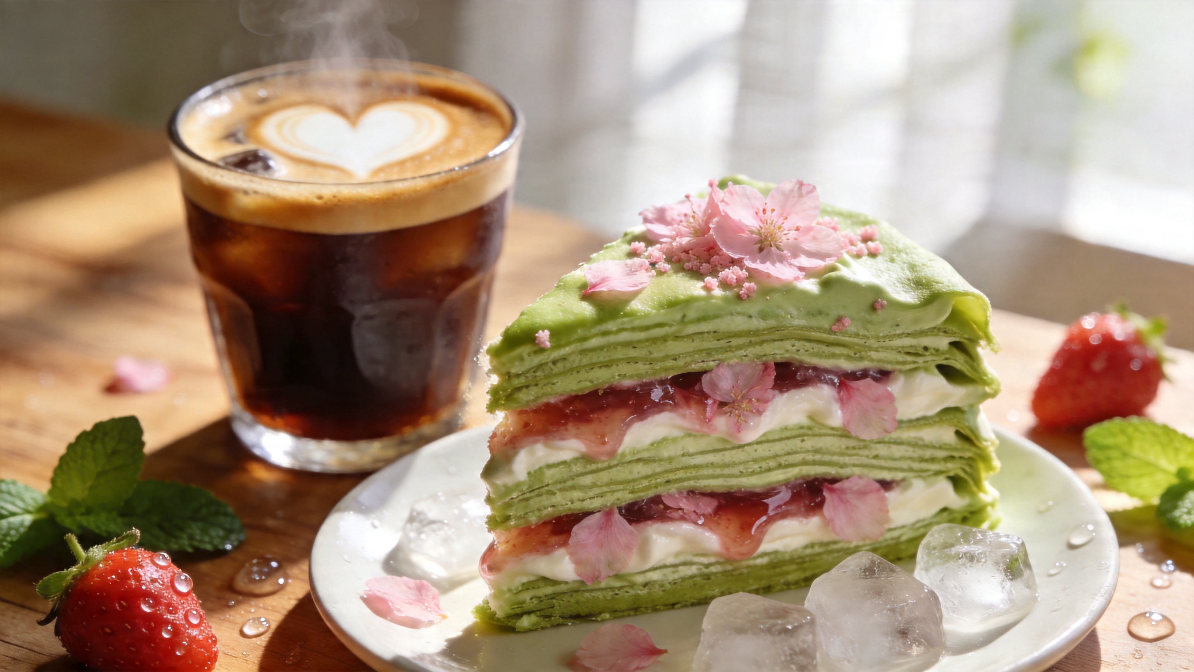 特写镜头下的春季限定美食艺术图。画面展示了一块刚出炉的抹茶樱花千层蛋糕，被轻轻切开，露出完美的切面。翠绿的抹茶奶油与粉色的盐渍樱花果酱层层交替，细腻的奶油质感仿佛能溢出屏幕。蛋糕旁摆放着一杯冒着冷气的冰美式咖啡，咖啡表面漂浮着精致的心形拉花。背景是虚化的木纹餐桌，散落着几颗新鲜采摘的露珠草莓和一片嫩绿的薄荷叶，阳光透过窗纱洒在食物上，形成温暖而诱人的高光。

商业美食摄影风格，极致的微距写实质感。采用8K超高清分辨率，焦点清晰锐利，背景虚化柔和（大光圈效果）。色调明亮清新，偏暖的自然光色温，强调食物的色泽与食欲。光影采用侧逆光，勾勒出食物的轮廓光，细节上强调奶油的绵密、果酱的粘稠感和冰块的通透感。