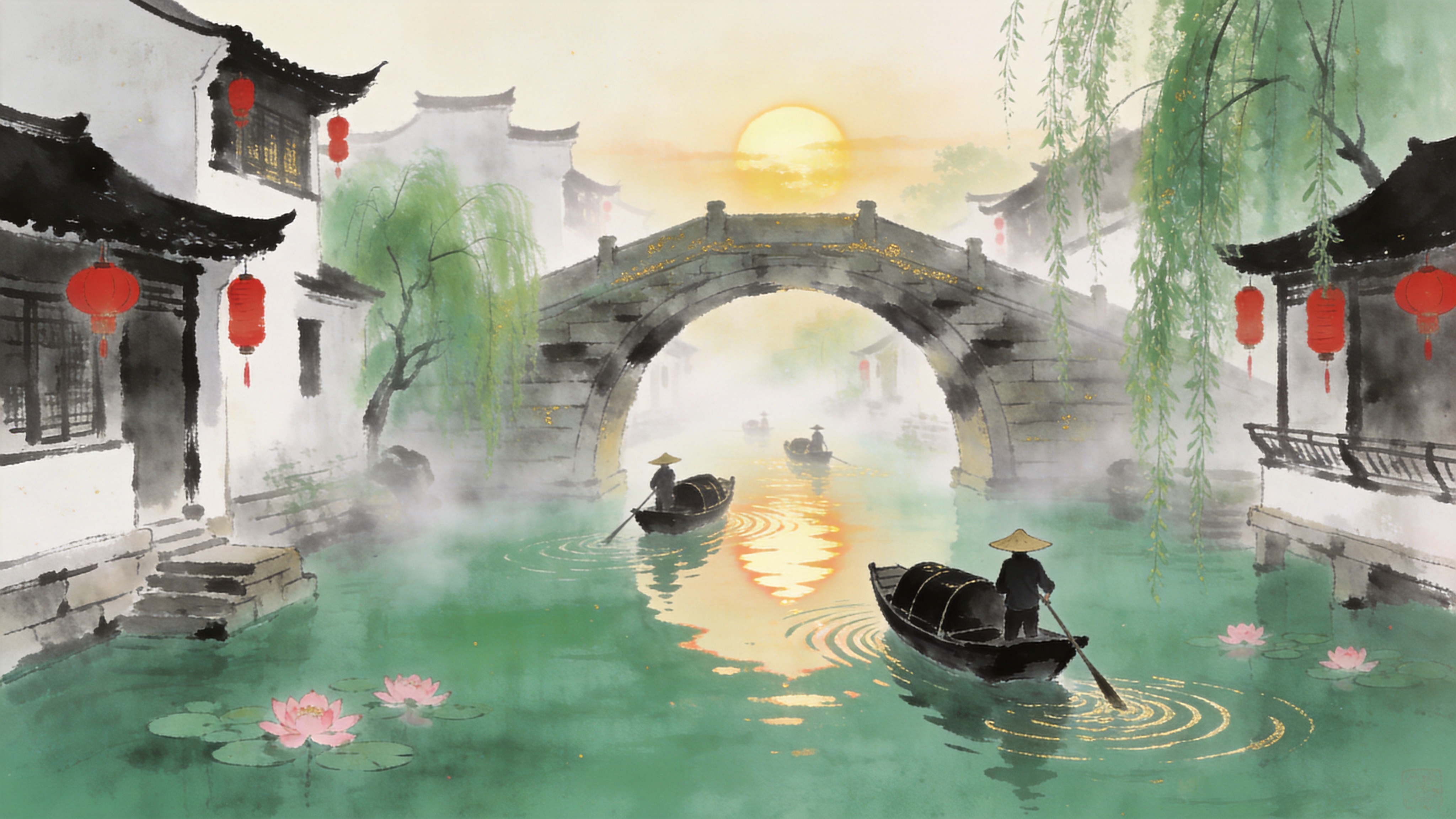 画面定格在初夏清晨的江南水乡，时间约为2026年5月23日的早晨六点。一座古老的石拱桥横跨在碧绿的河面上，桥下几艘乌篷船正缓缓划过，船夫戴着斗笠，轻轻摇动着橹。河岸两侧是白墙黑瓦的徽派建筑，屋檐下挂着一串红灯笼，在晨雾中若隐若现。最引人注目的是岸边的垂柳，嫩绿的柳条如丝般垂入水中，水面上漂浮着几朵刚刚盛开的粉色睡莲。随着小船划过，水面泛起层层涟漪，倒映着桥洞和初升太阳的金色光辉。空气中弥漫着湿润的水汽和淡淡的花香，呈现出一种宁静致远的初夏意境。

新中式国风水墨风格，结合了传统水墨的留白意境与现代插画的细腻笔触。色调以青绿、淡墨为主，点缀少许朱红和金色。光影采用柔和的漫射光，强调空气感和雾气的质感。笔触既有水墨的晕染效果，又在建筑细节上保持工整，画面具有诗意和流动感，宛如一幅流动的《富春山居图》。