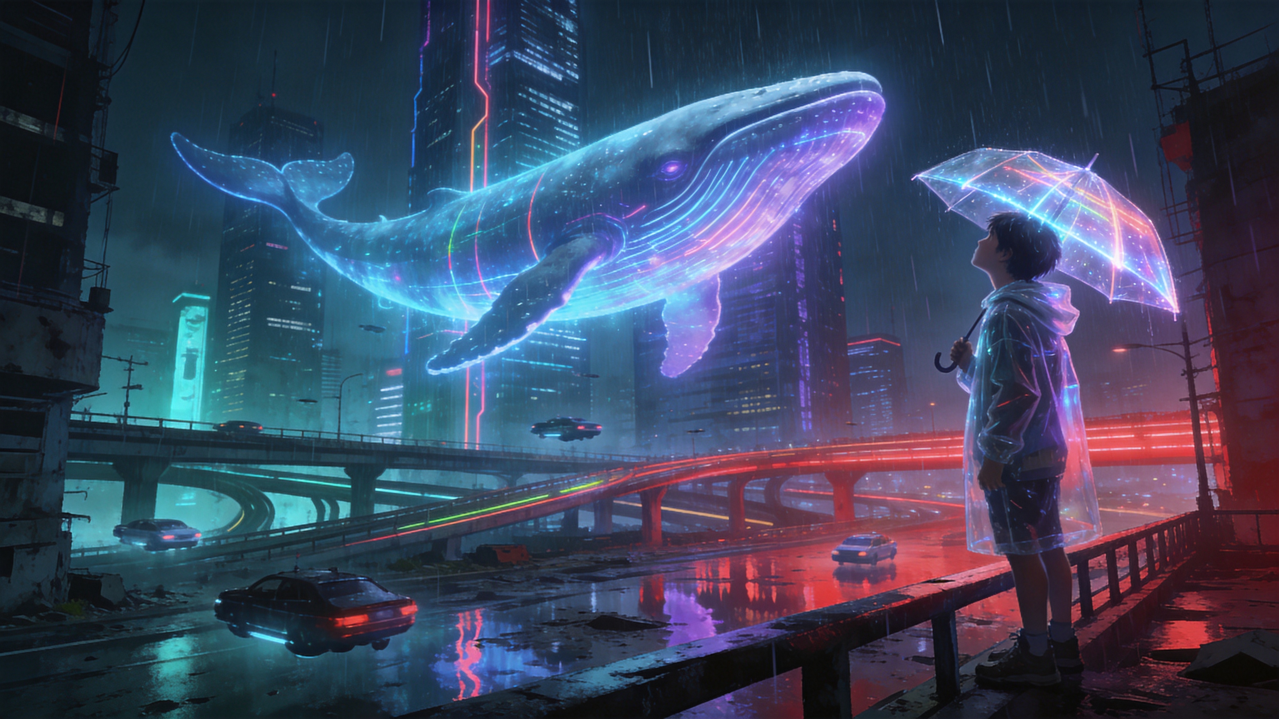 一个充满未来感的都市雨夜，时间是 2026 年 5 月 13 日的深夜。巨大的全息投影鲸鱼在摩天大楼之间游弋，发出幽幽的蓝紫色荧光。街道上积满了雨水，倒映着头顶复杂的立交桥和穿梭而过的悬浮汽车。一个穿着透明雨衣的少年站在天桥边缘，手中拿着一把发光的透明雨伞，仰望空中的巨鲸，雨丝在霓虹灯的照射下变成了彩色的线条，整个场景既孤独又梦幻。

赛博朋克概念艺术，强烈的冷暖色调对比（青色与洋红），厚涂质感，强调光影的体积感。画面具有电影级的构图，雨夜的湿润感处理得非常细腻，充满科技与废墟交织的末世浪漫主义气息。