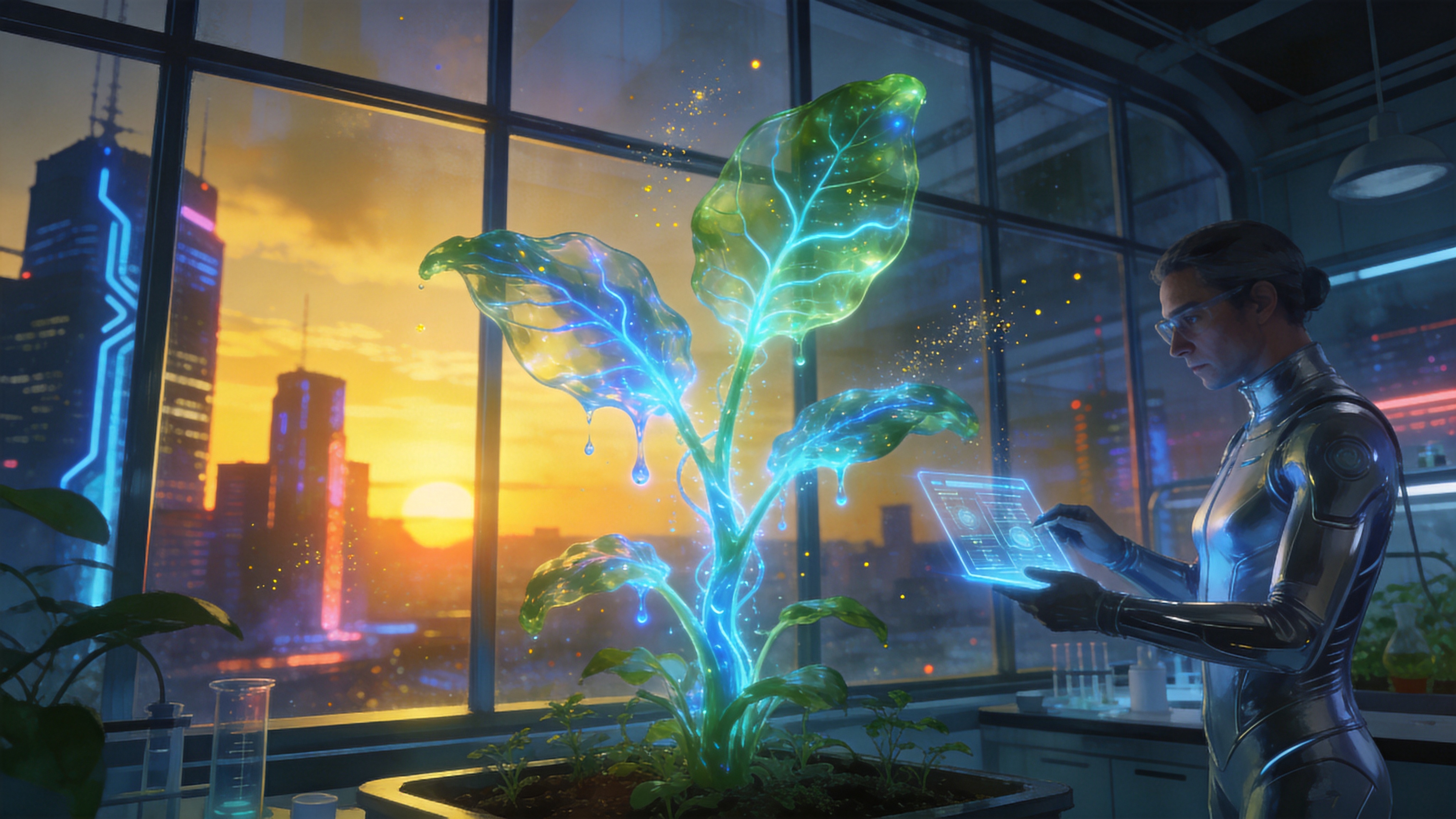 一个极具未来感的室内温室实验室，时间是2026年4月23日的黄昏。透过巨大的落地玻璃窗，可以看到窗外是赛博朋克风格的霓虹城市天际线，夕阳的余晖与城市的霓虹灯光交织。室内是一株巨大的、基因改造过的发光植物，它的叶片呈现出半透明的翠绿色，脉络中流淌着荧光蓝色的液体。一名穿着银色紧身实验服的科学家正在用全息仪器记录植物的生长数据，空气中漂浮着微小的发光尘埃粒子，充满了科技与生命碰撞的神秘感。

概念艺术与科幻插画风格，受《银翼杀手2049》视觉美学启发。强调高对比度的冷暖色调碰撞，室内的暖黄夕阳与室外的冷蓝霓虹形成鲜明对比。材质上强调玻璃的通透、金属的冷冽以及植物发光体的能量感。光影效果复杂且具有戏剧性，画质锐利，细节丰富，具有极强的沉浸式3D渲染质感。