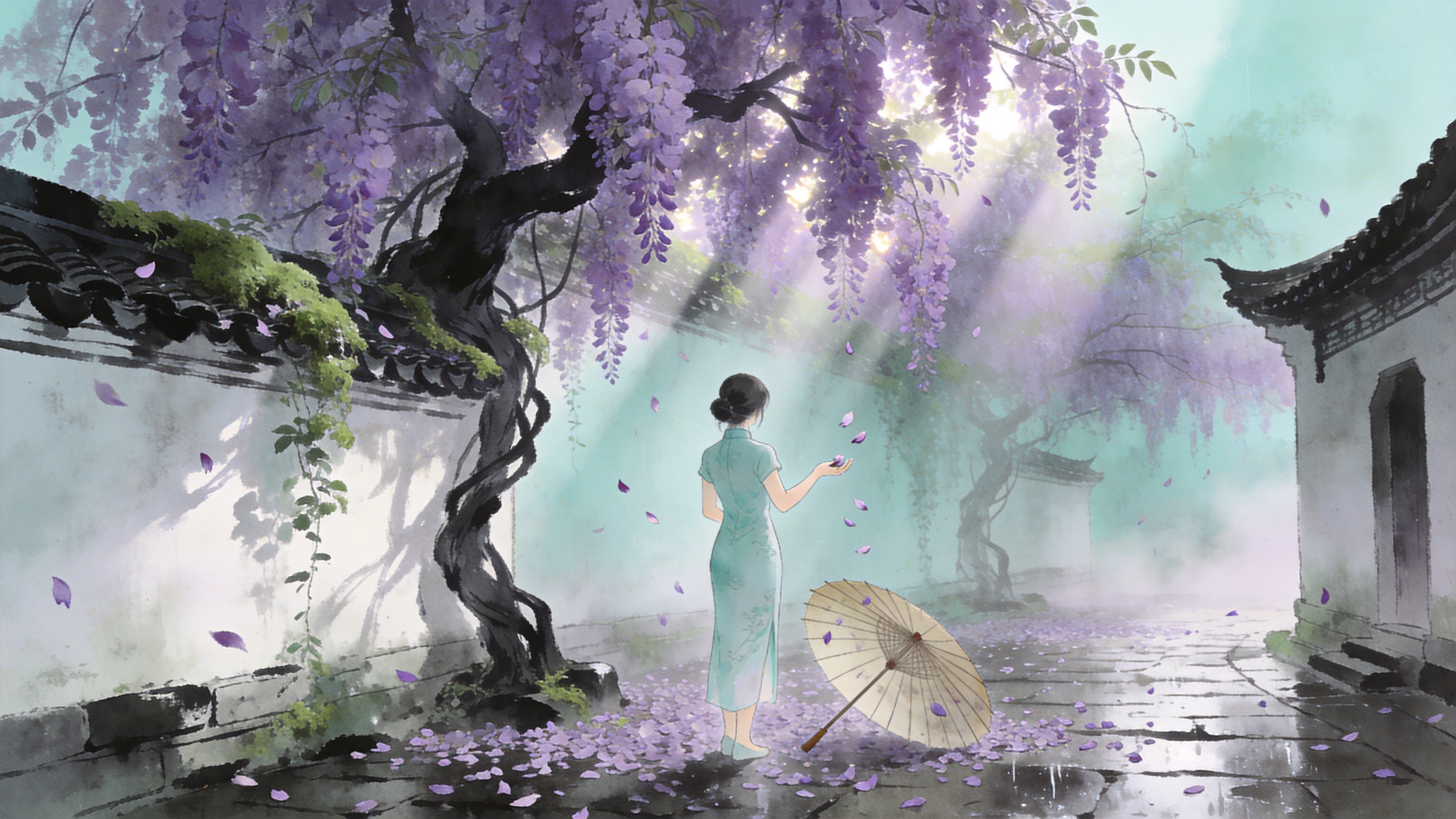 2026年4月8日的清晨，江南水乡的一处古老庭院。一株百年的紫藤花正盛开，紫色的花瀑如云霞般垂落在爬满青苔的白墙黛瓦之上。花瓣随风飘落，铺满了湿润的青石板路。画面中央是一位身着淡青色新中式旗袍的少女背影，她正伸手去接飘落的花瓣，身旁是一把半开的油纸伞。空气中弥漫着湿润的水汽和淡淡的花香，远处传来悠扬的古琴声，意境宁静而深远。

新中式国风插画风格，结合了传统水墨的晕染技法与现代插画的精致线条。色调以清新的淡青色、梦幻的淡紫色和沉稳的墨色为主。光影处理柔和，采用丁达尔效应表现透过花隙的晨光。画面具有细腻的颗粒感和纸张纹理，宛如一幅精美的春日诗意画卷。