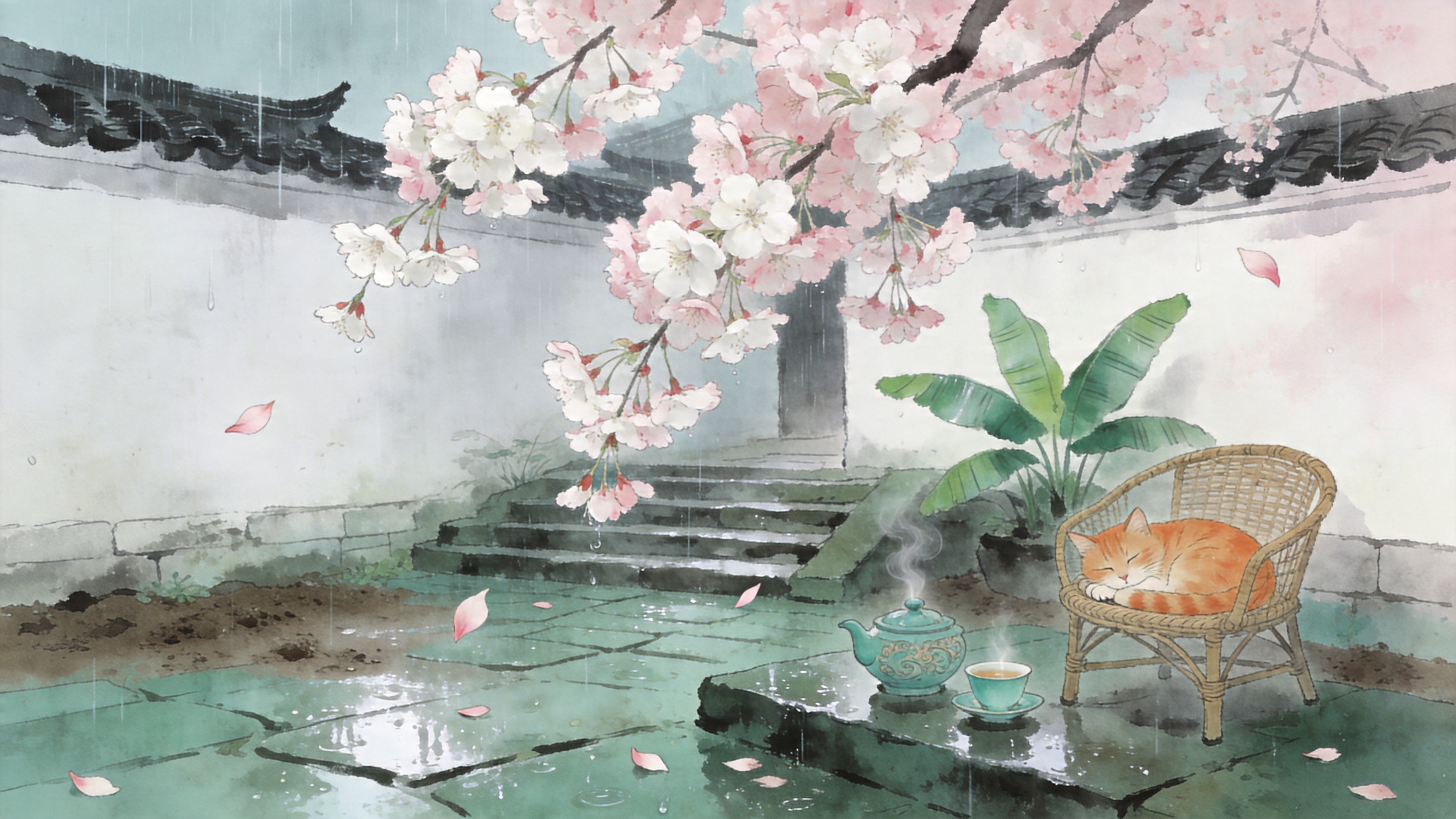 2026年4月20日的暮春时节，在一座古老的江南庭院中，一场细雨刚刚停歇。画面中央是一株盛开的晚樱，粉白色的花瓣挂满枝头，几片花瓣正缓缓飘落在湿润的青石板路上。石阶旁摆放着一套精致的青瓷茶具，茶杯中冒着袅袅热气，一只橘猫正蜷缩在旁边的藤椅上打盹。背景是白墙黛瓦的建筑轮廓，墙角处点缀着几株翠绿的芭蕉叶，空气中弥漫着湿润泥土和淡淡茶香的气息，整体氛围宁静致远，充满了春天的诗意。

新中式水墨插画风格，结合了传统水墨的晕染技法与现代水彩的通透感。色调以淡青、灰白和樱花粉为主，营造出清冷而温润的视觉效果。笔触细腻柔和，注重留白的意境，光影处理采用漫反射光，强调雨后空气的湿润感和景深的层次感，画面具有极高的艺术美感和东方韵味。