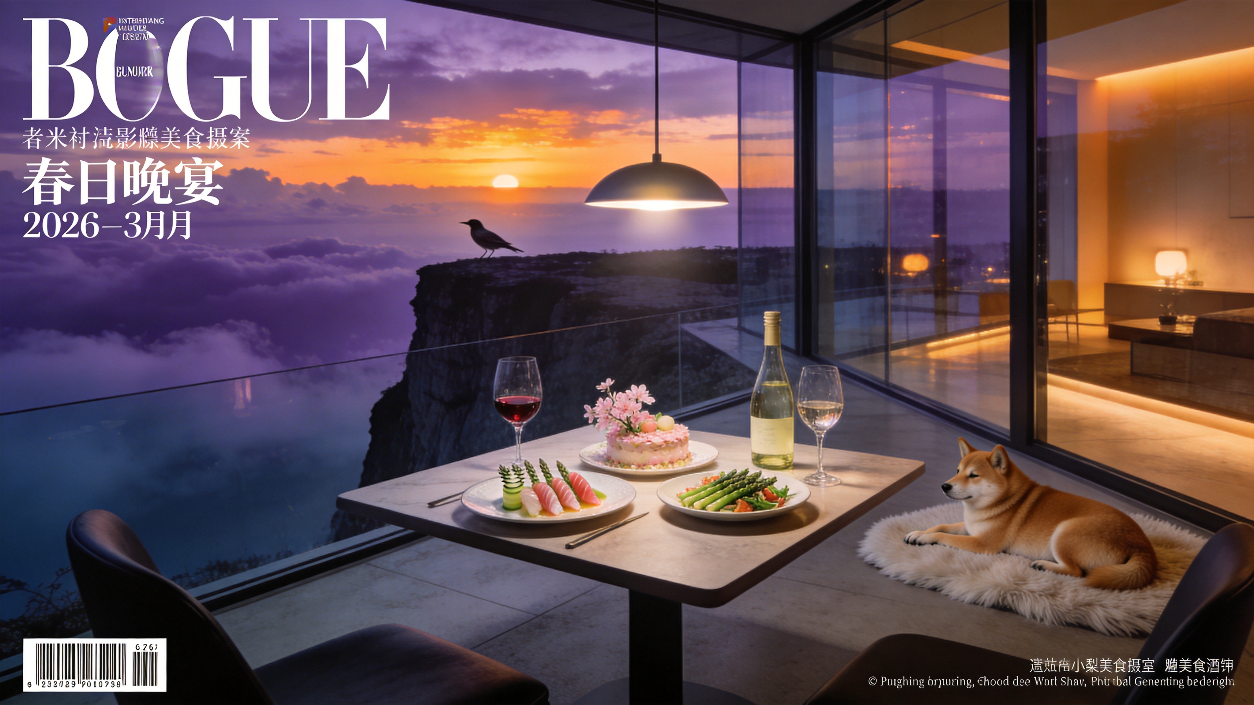 2026 年 3 月的一个傍晚，位于悬崖边的一座现代极简主义玻璃建筑。室内灯光温暖，透过巨大的落地窗可以看到里面正在举行一场小型的春日晚宴。长桌上摆满了春季时令美食：鲜嫩的春笋刺身、粉色的樱花慕斯、翠绿的芦笋沙拉和几瓶醒好的白葡萄酒。窗外是壮丽的日落景象，天空被染成深紫色和金橙色，云层翻滚。一只慵懒的柴犬正趴在窗边的羊毛地毯上，望着窗外的飞鸟。餐桌上方的极简吊灯投下柔和的光晕，红酒杯在光线下晶莹剔透，整个画面融合了美食的诱惑、建筑的冷峻与自然的壮阔，展现出高品质的生活格调。

高端建筑摄影与美食摄影的结合，追求极致的构图和光影平衡。视觉风格偏向于写实主义，具有像场大景深的特点，清晰度极高。色调采用冷暖对比，室外的暖色调夕阳与室内的冷色调灯光相互映衬，营造出高级的奢华感。强调材质的纹理对比，如玻璃的通透、食物的细腻质感、皮毛的柔软。光影处理严谨，注重环境光的反射和折射，呈现出一种杂志封面般的精致与时尚。