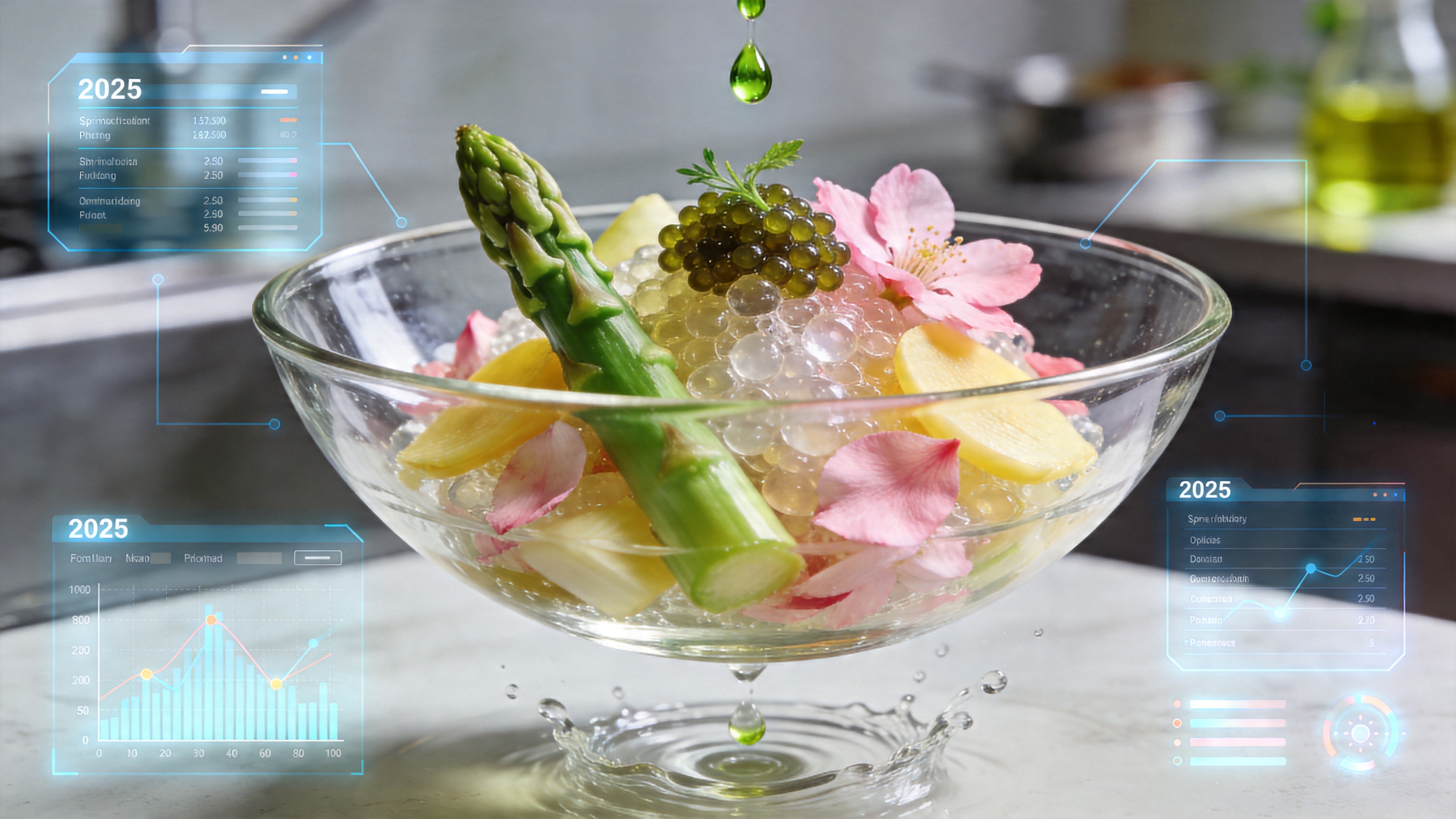这是一个充满未来主义色彩的 2026 年春季美食特写。一个透明的玻璃碗悬浮在半空中，碗中盛着色彩斑斓的春季创意料理：翠绿的芦笋尖、嫩黄的春笋片、粉红的樱花瓣装饰，以及几颗晶莹剔透的分子料理鱼子酱。背景是模糊的极简主义厨房，充满科技感的金属线条和全息投影的菜单界面。几滴绿色的香草精油正缓缓滴入碗中，溅起微小的涟漪，仿佛时间被凝固在这一瞬间，展现了春日食材与未来烹饪技术的完美融合。

商业微距摄影风格，采用景深效果，主体极其清晰锐利，背景虚化柔和。光线采用高级影棚布光，强调食物的纹理和光泽感，色彩饱和度高且明亮，质感高级，具有强烈的广告大片视觉冲击力。