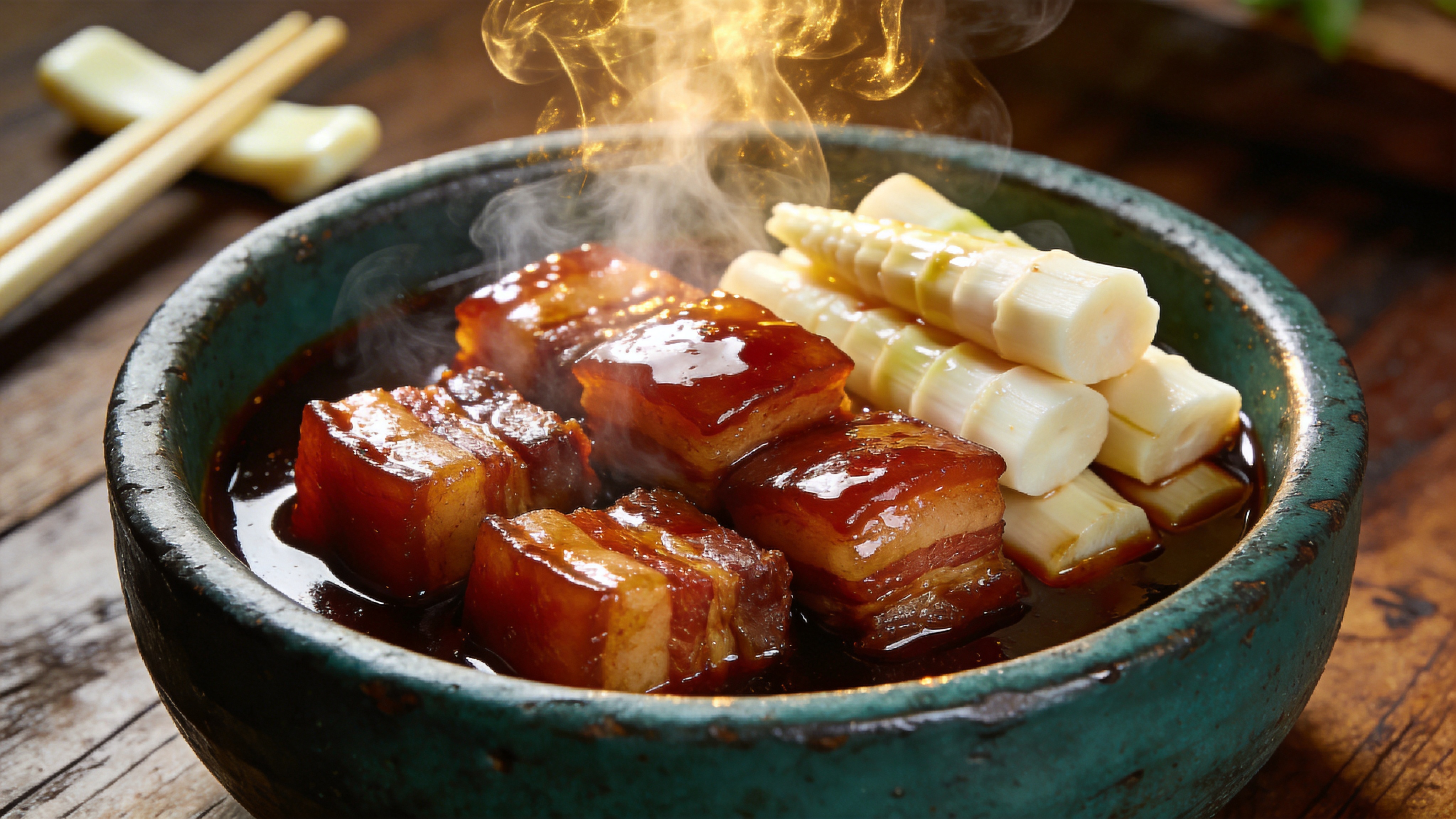 特写镜头展示一份精致的雨水节气时令美食——鲜笋炖肉。一只古朴的深青色粗陶碗中，盛满了浓稠红亮的酱汁，几块肥瘦相间的五花肉炖得软烂入味，旁边堆叠着切得滚刀状的春笋，笋肉洁白如玉，吸饱了汤汁。热气腾腾的白烟正从碗中升腾而起，在逆光下形成梦幻的烟雾效果。画面背景虚化，隐约可见木质的餐桌纹理和一双正在举起的象牙色筷子，充满了人间烟火气和早春的鲜嫩滋味。

专业美食摄影风格，采用 50mm f/1.8 大光圈镜头拍摄。光影运用顶光加侧逆光，突出食物的油润感和热气。色调偏向温暖的琥珀色和焦糖色，高对比度，强调食物的纹理和质感。具有极高的分辨率和微距级的细节表现，类似米其林餐厅菜单的高级质感。