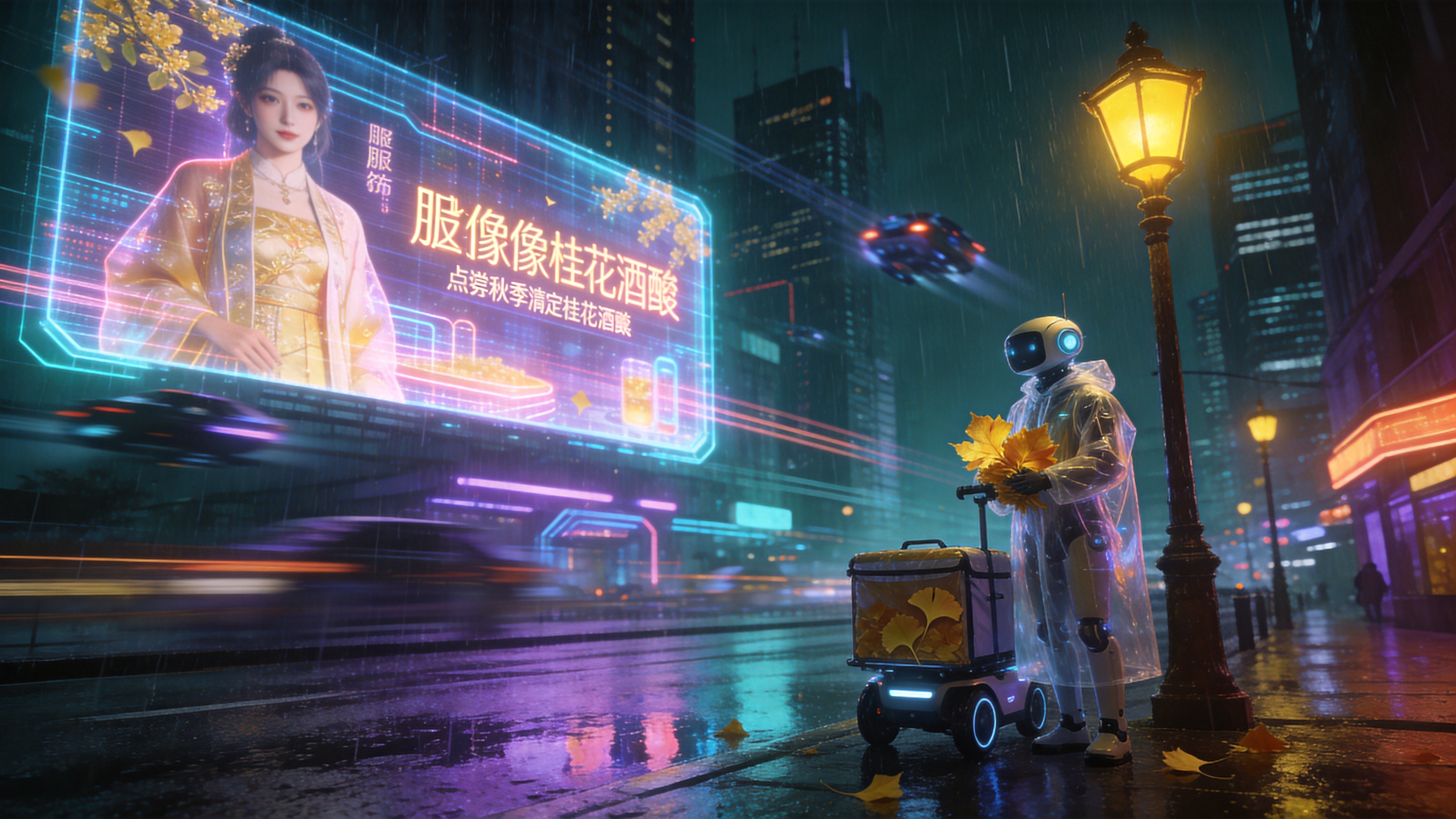 2026年近未来科技都市的雨夜，一个巨大的全息投影广告牌悬浮在半空中，展示着一位身着数字化霓虹服饰的虚拟偶像正在品尝秋季限定的桂花酒酿。街道是湿漉漉的，倒映着蓝紫色的赛博霓虹灯光。画面下方是一个穿着透明雨衣的送餐机器人，它停在一盏散发着暖黄色灯光的复古路灯下，怀里抱着一束金色的银杏叶，与周围冰冷的金属和霓虹环境形成鲜明对比。远处高楼林立，飞行汽车留下的光轨在空中交错，营造出一种既疏离又具温情的未来城市秋意。

赛博朋克概念艺术，强调光影对比强烈的明暗对照法（Chiaroscuro）。主色调为青色与洋红，点缀着温暖的金黄和琥珀色。材质上强调金属的冷硬光泽、玻璃的反射质感以及全息投影的通透感。构图具有广角镜头的冲击力，雨丝和光轨增加了动态模糊，画面具有极高的视觉张力和电子合成器的未来感。