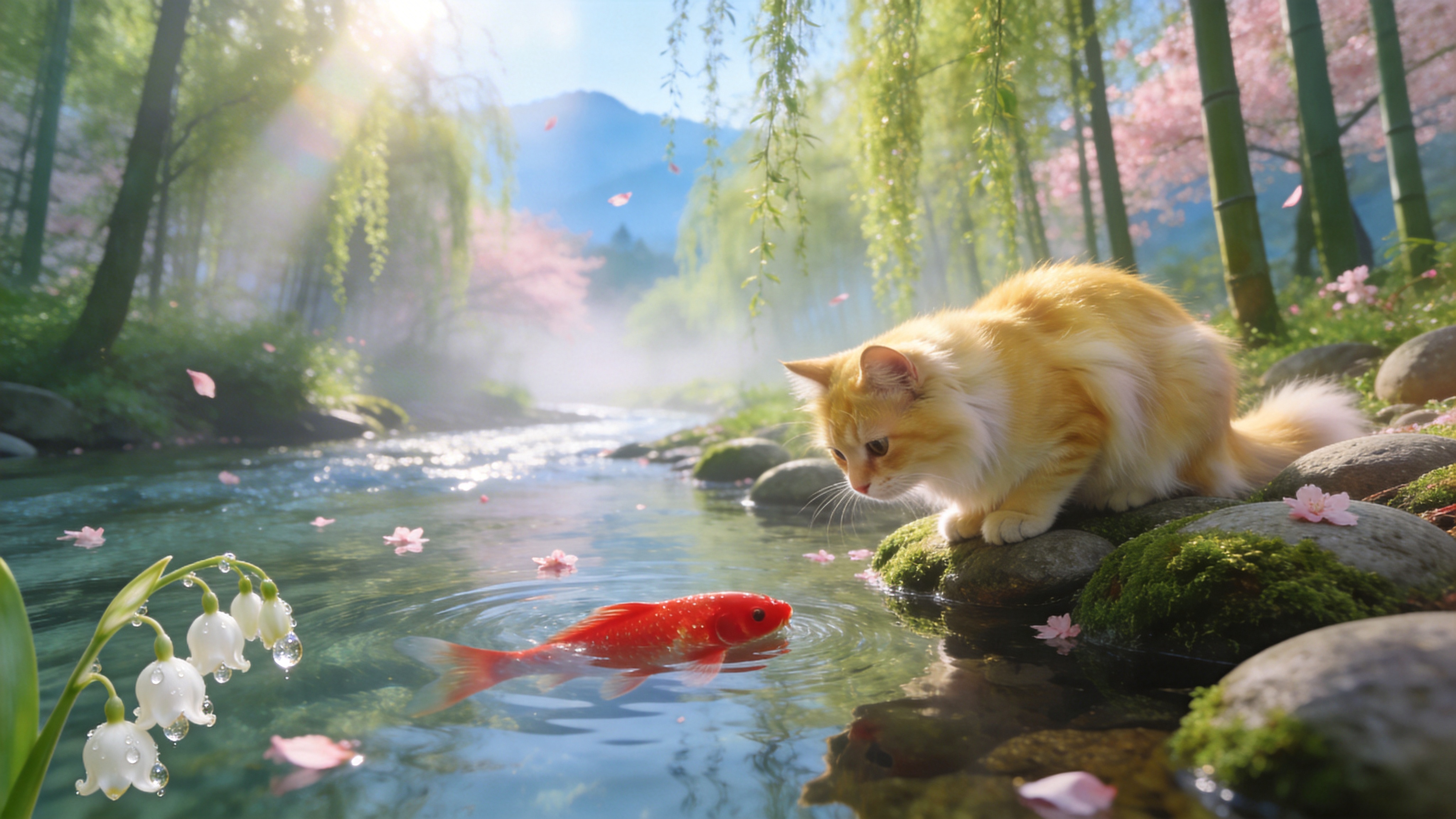 初春的清晨，阳光透过薄雾洒在一片刚抽芽的嫩绿柳林间。一条清澈见底的溪流蜿蜒穿过，水面上漂浮着几瓣零星的粉色樱花瓣。一只毛色金黄的布偶猫正蹲坐在溪边布满青苔的圆润石头上，歪着头专注地盯着水中游动的红锦鲤。空气中弥漫着湿润泥土和花草的清香，画面左下角有一株挂着晶莹露珠的白色风信子，背景是虚化的淡蓝色晨曦与远处的山峦轮廓。

日系清新摄影风格，高调，明亮通透。使用 85mm 大光圈镜头拍摄，背景呈现奶油般的焦外虚化效果。色彩以低饱和度的青绿色、柔和的粉色和暖金色为主，强调空气感和逆光下的丁达尔效应。画质细腻，如同富士胶片质感，光影柔和自然，治愈系氛围。