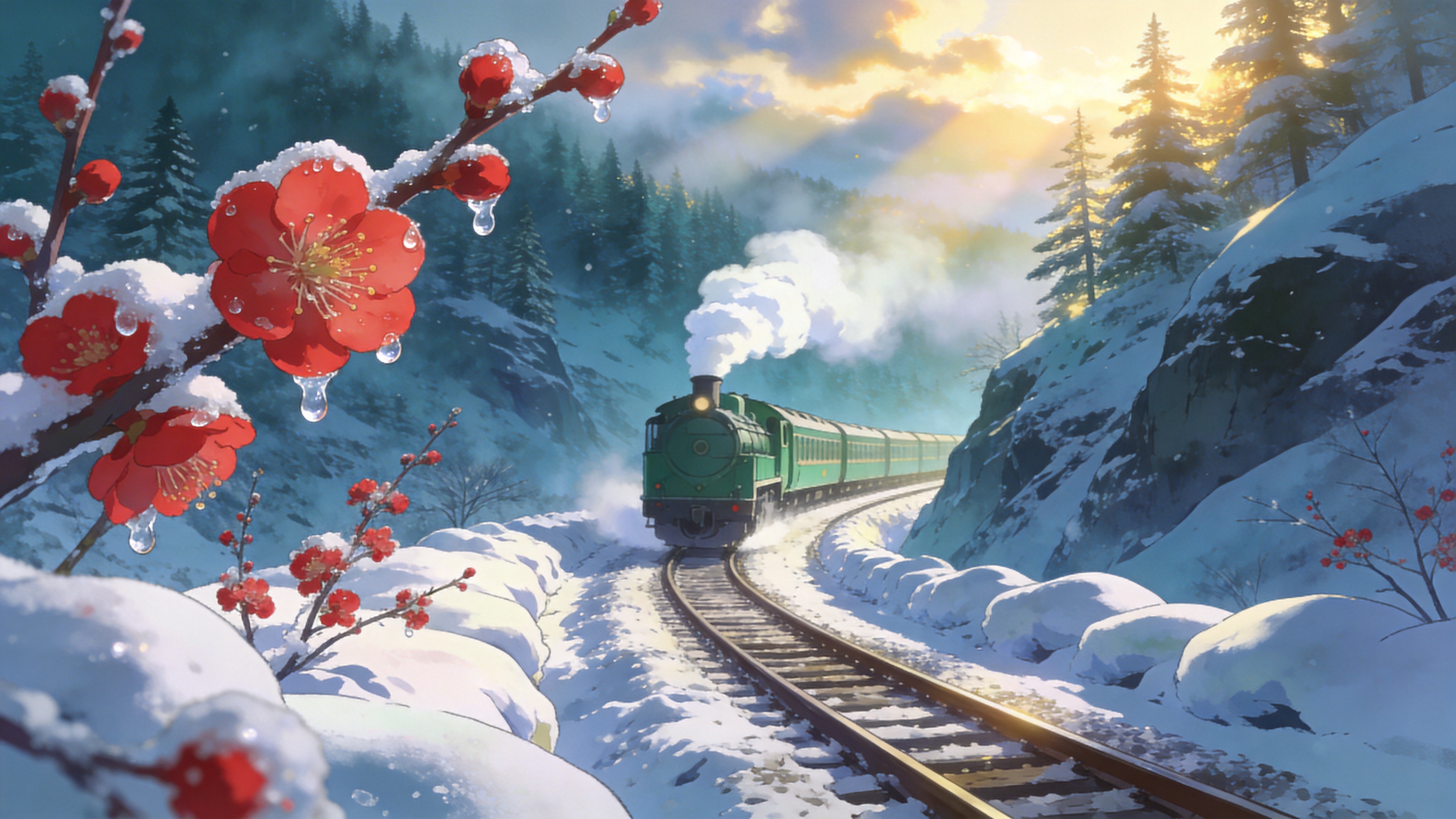画面定格在 2026 年 2 月 25 日清晨的北国雪原，一场新雪刚刚停歇。画面中央是一列老式的绿皮蒸汽火车，正喷吐着白色的蒸汽穿行在蜿蜒的雪山峡谷之中。铁轨两侧堆积着厚厚的白雪，几株早春的红梅在雪中傲然绽放，鲜艳的红色花瓣上挂着晶莹的冰珠。远处的松林被一片晨雾笼罩，阳光刚刚穿透云层，洒在雪面上呈现出金色的光泽，空气中仿佛能闻到清冷的雪味和淡淡的煤烟气息。

新海诚风格的高清数字插画，极致的细节刻画，强调光影的通透感和空气感。色彩以冷色调的青蓝色为主，辅以暖金色的阳光和梅花的亮红。使用景深效果突出前景的梅花和铁轨，背景虚化处理，营造出一种唯美、怀旧且充满希望的日系动画电影质感。