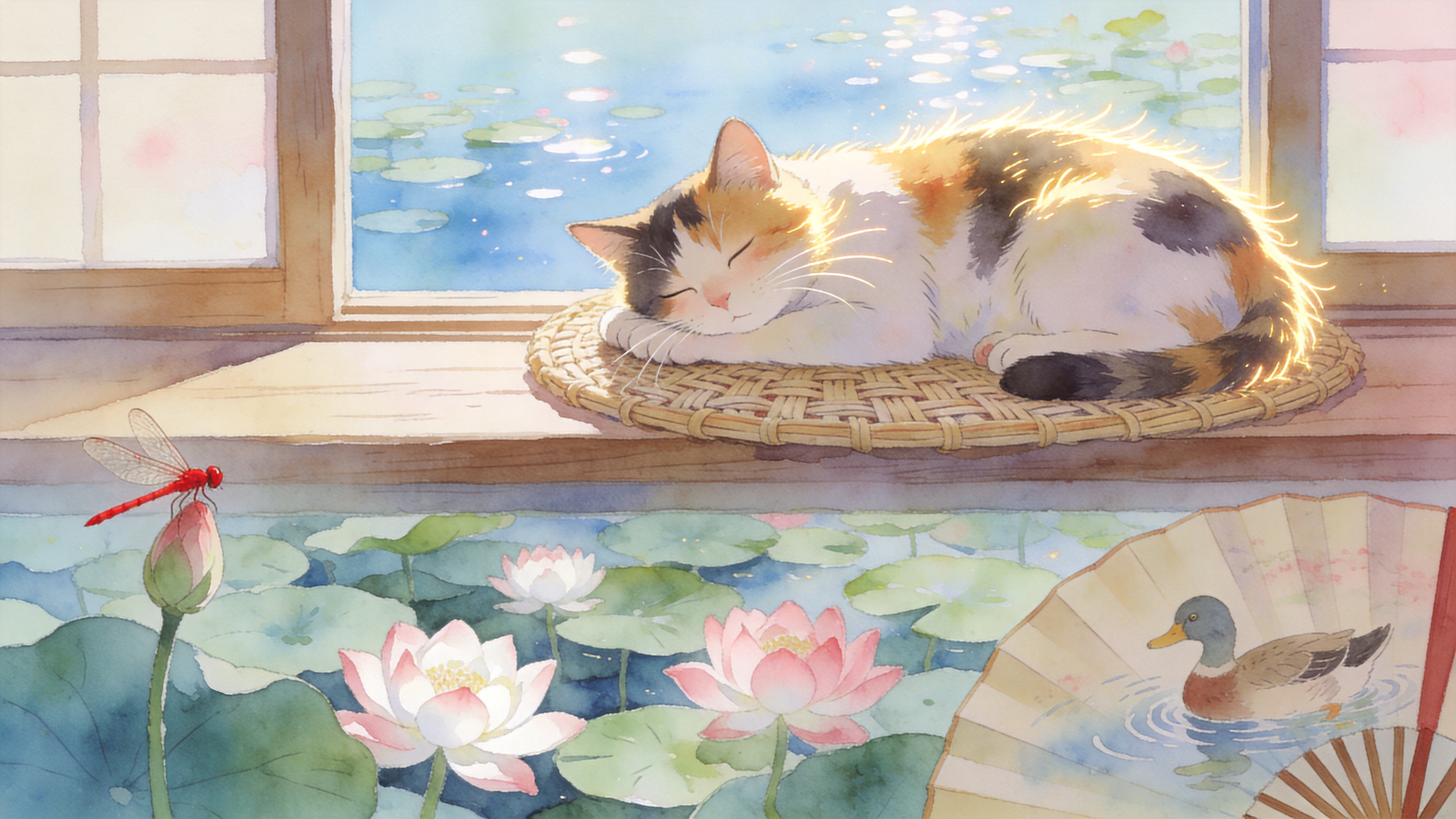 一只慵懒的三花猫正趴在木质窗台上打盹，它身下是一张编织精美的竹席。窗外是一片波光粼粼的荷塘，层层叠叠的荷叶占据了画面的下半部分，几朵粉白色的荷花在微风中轻轻摇曳，一只红色的蜻蜓停在花苞上。猫咪的胡须随着呼吸微微颤动，毛发在逆光下呈现出蓬松的金色轮廓光。画面右下角有一把半开的折扇，扇面上画着几只戏水的鸭子，暗示着夏日午后的悠闲时光。

日系治愈系水彩手绘风格。笔触柔和且带有水分晕染的痕迹，线条流畅自然。色调以淡雅的米色、水蓝色和嫩粉色为主，整体明亮通透。光影处理柔和，不强调强烈的阴影，而是追求一种空气感和温馨的生活气息，仿佛宫崎骏动画电影中的场景截图。