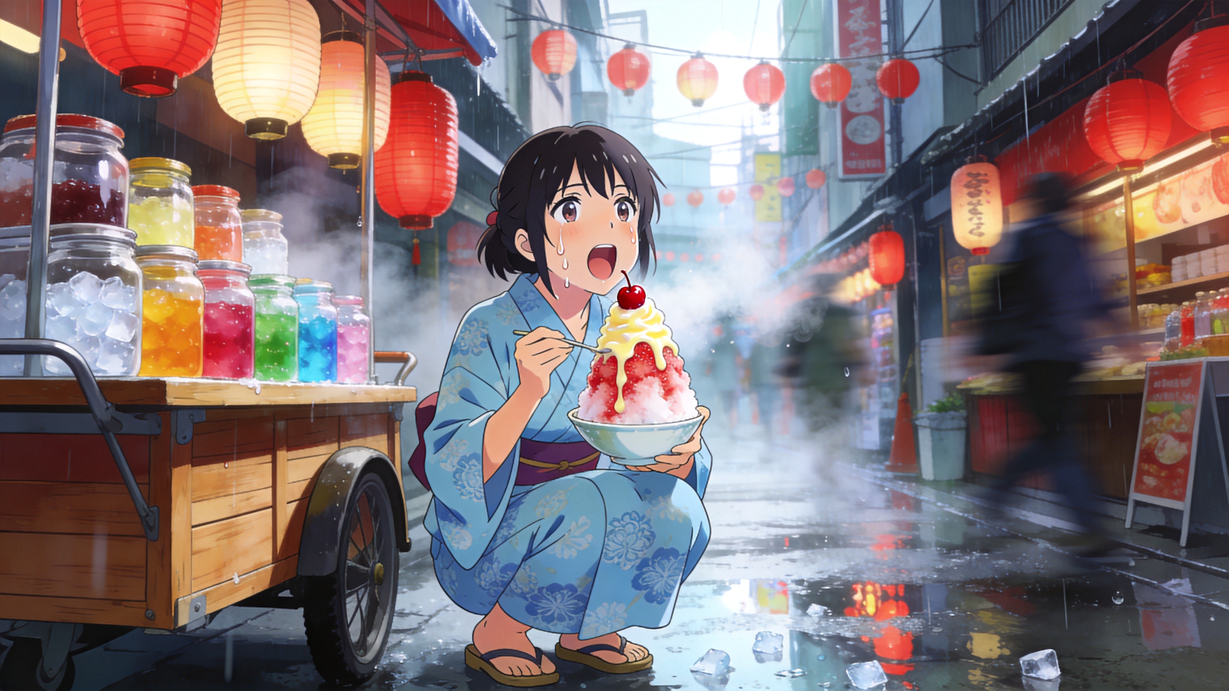 这是一个生活气息浓郁的日本巷弄角落，捕捉了夏末秋初的“残暑”时刻。画面主体是一位身穿淡蓝色涡花纹和服的少女，正蹲坐在木质推车旁购买刨冰。推车上的玻璃罐里装满了五颜六色的糖浆和寒天。少女手中的碗里盛着高耸如山的草莓牛奶口味刨冰，上面淋满了炼乳和一颗鲜艳的红樱桃。汗水顺着她的脸颊滑落，她正张大嘴巴享受这一刻的清凉。背景是挂着各式各样红灯笼的狭窄商店街，地面有着湿润的倒影，暗示着刚刚下过一场阵雨，空气中弥漫着湿润的水汽和冰块的冷雾。

新海诚式日系动漫风格，强调极致的光影渲染和色彩饱和度。画面通透明亮，高光部分带有溢光效果，色彩清新治愈。线条细腻流畅，注重环境氛围的营造，背景中的路人带有动态模糊感，突出主体人物，画面极具冲击力和青春气息。