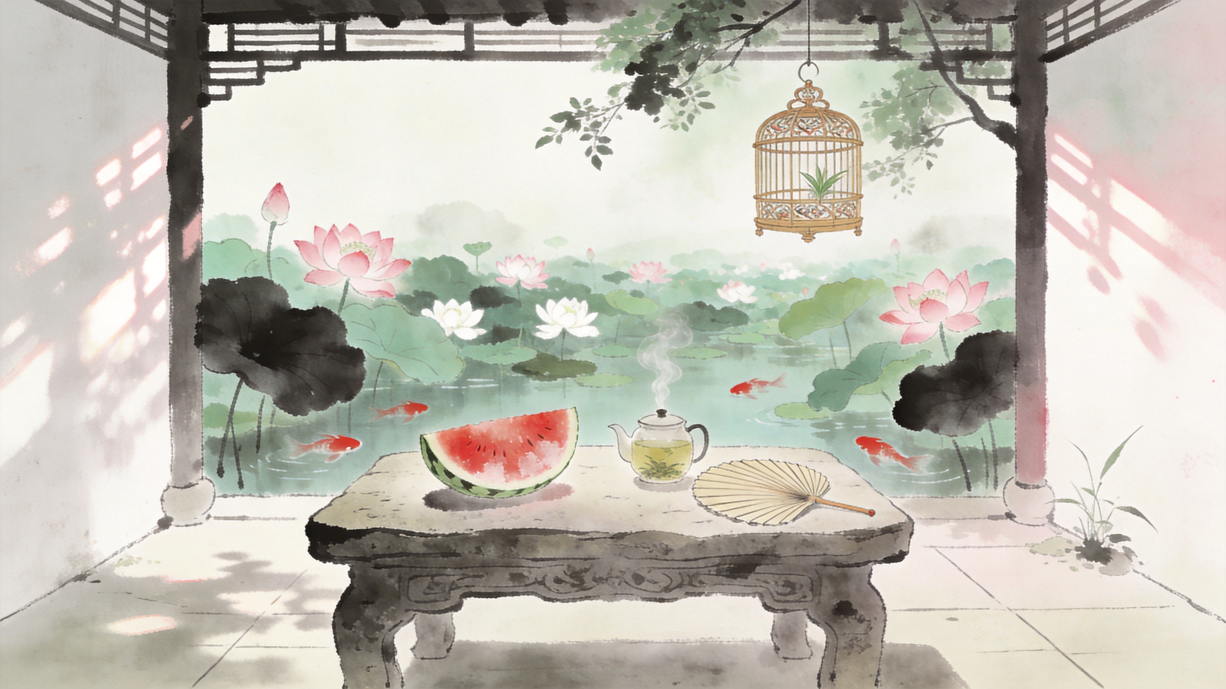 这是一幅充满东方韵味的夏季庭院图。画面中央是一座古朴的石桌，桌上摆放着半个切开的冰镇西瓜、一壶冒着凉气的清茶和一把展开的蒲扇。背景是延伸至远处的荷塘，粉白色的荷花在墨绿色的荷叶中若隐若现，几只红色的锦鲤在水中游动。庭院的廊架下挂着一只精致的竹编鸟笼。午后的阳光斑驳地洒在白墙和地面上，形成树影婆娑的效果，空气中似乎弥漫着淡淡的茶香和薄荷草的味道，传达出一种“心静自然凉”的文人雅趣。

新中式水墨插画风格，结合了传统水墨的晕染技法与现代扁平化构图。线条流畅柔和，色彩以低饱和度的莫兰迪色系为主，点缀西瓜的红和荷花的粉。纸质肌理感明显，光影处理朦胧且富有诗意，具有治愈系和禅意的视觉体验。