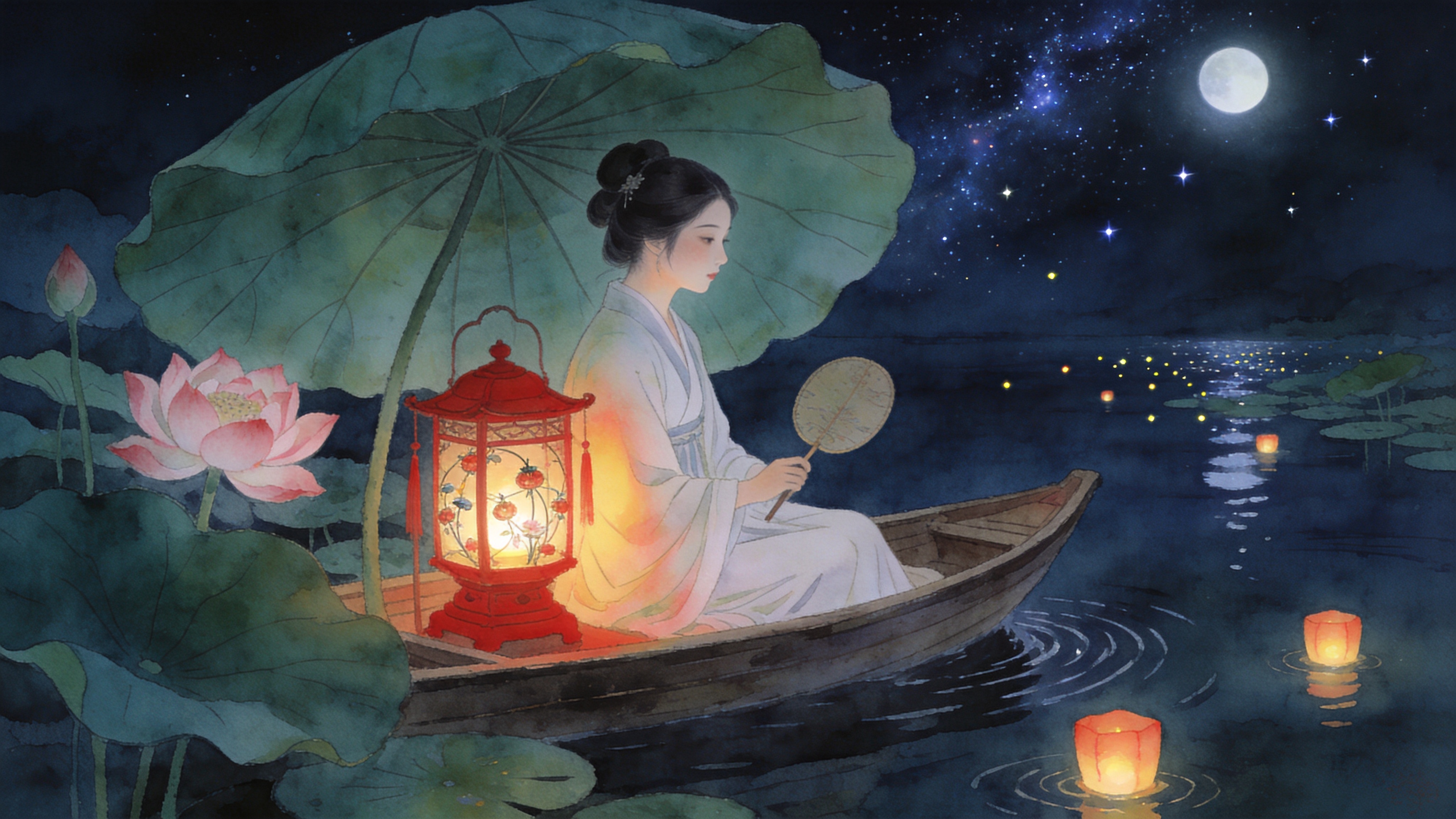 一幅充满禅意的东方夏夜图景。在荷塘月色之下，一位身着素雅汉服的女子正坐在一叶扁舟之上，手中轻摇一把团扇。巨大的荷叶如伞盖般撑开，几朵粉嫩的荷花在夜色中静静吐蕊。女子身旁放置着一盏复古的走马灯，灯火温暖，照亮了她平静的侧脸和水面上的涟漪。水面上漂浮着几盏刚刚放下的河灯，星星点点地飘向远方，倒映着天上的银河。

新中式国风插画，融合了工笔画的细腻与水彩的晕染效果。画面构图留白，意境深远。色彩采用低明度的莫兰迪色系，以黛蓝、墨绿、朱砂红为主。光影柔和，强调灯笼的暖光与月色的冷光交织。笔触飘逸，具有丝绸般的质感，展现东方美学的含蓄与典雅。