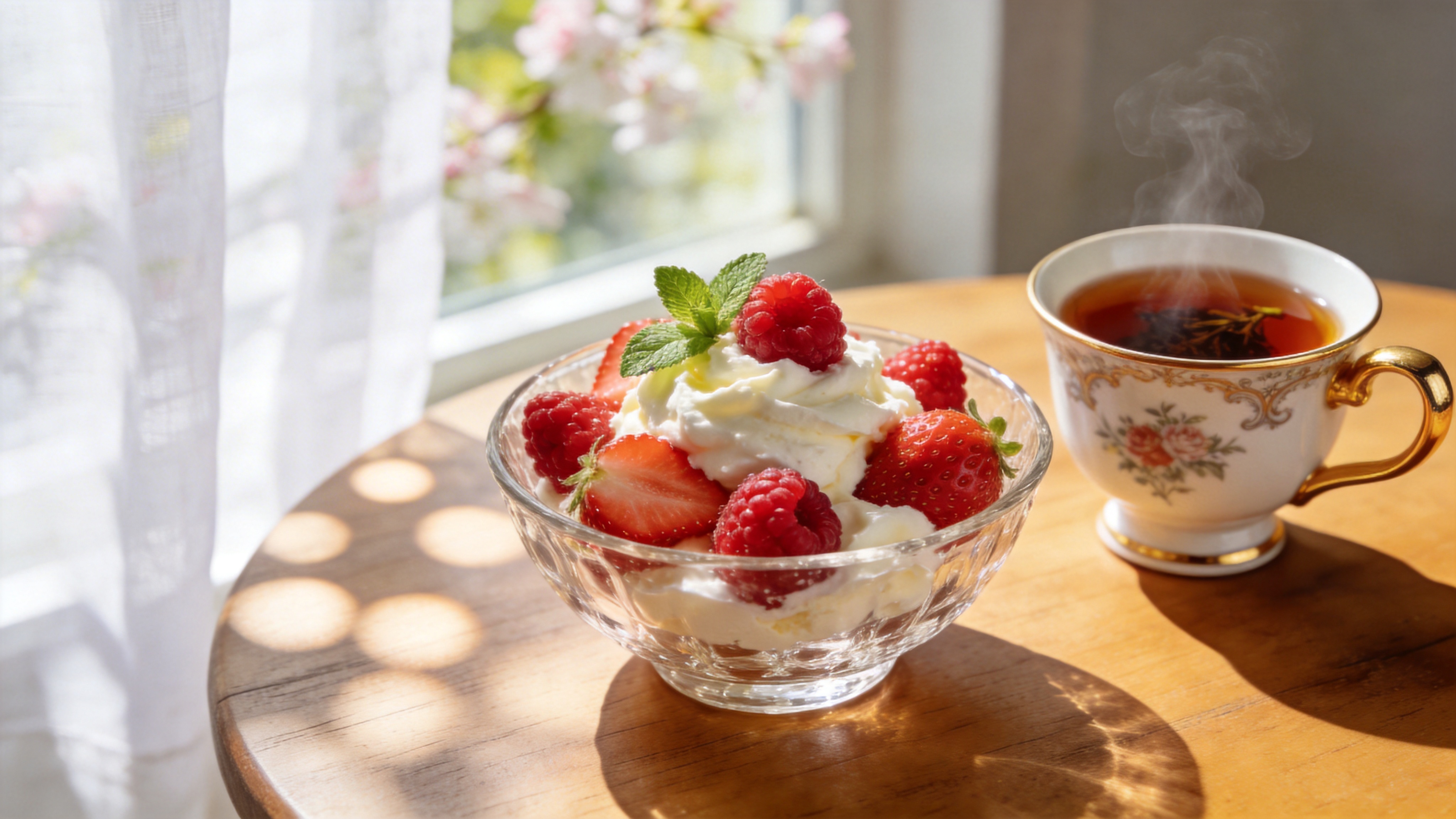 一张温暖的木质餐桌上，摆放着一份精致的春日下午茶。特写视角，焦点在中央一只晶莹剔透的玻璃碗内，碗中是刚采摘的鲜嫩草莓和红树莓，上面覆盖着细腻的香草奶油和薄荷叶。旁边有一杯冒着热气的伯爵红茶，茶杯是复古的骨瓷材质，手柄上镀着金边。背景虚化，可以看到窗外明媚的春光透过白色的纱帘洒在桌面上，形成斑驳的光斑。空气中似乎漂浮着甜甜的果香和茶香，传达出一种慵懒、惬意的午后时光，充满了初春的甜蜜与治愈感。

现代静物摄影风格，模仿高端美食杂志的视觉呈现。采用自然光照明，强调柔和的阴影和高光的层次。色彩明亮清新，以奶油白、草莓红和木质暖黄为主，色彩饱和度适中。画质极度锐利，强调食物的纹理、玻璃的通透感以及奶油的绵密质感，整体风格优雅、温馨且令人垂涎。