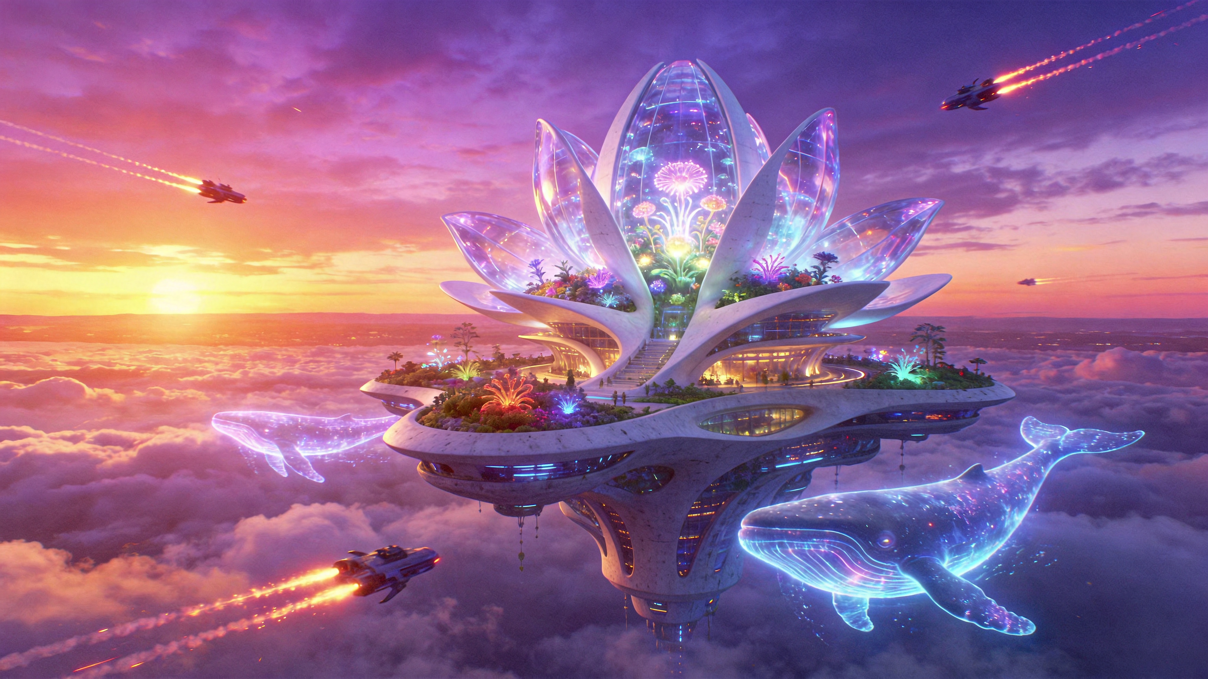 一座漂浮在云海之上的未来主义空中花园，时间是2026年夏至的黄昏。建筑结构由半透明的生物玻璃和白色的流线型混凝土构成，形状像一朵盛开的巨大百合花。花园内部种植着发光的奇异植物，巨大的全息投影鲸鱼在建筑周围游动，仿佛在空中飞翔。远处的地平线上，夕阳将天空染成紫罗兰色和金橙色，几艘反重力飞行器拖着长长的尾焰穿梭其间，展现出一幅科技与自然完美融合的乌托邦景象。

3D概念艺术与赛博朋克风格的结合，参考了Syd Mead和Zaha Hadid的设计理念。光影采用体积光和辉光效果，强调霓虹灯与自然光线的交织。材质具有强烈的玻璃质感和金属光泽，构图宏大且富有张力，视角为广角仰视，色彩绚丽梦幻，具有电影级的视觉冲击力。