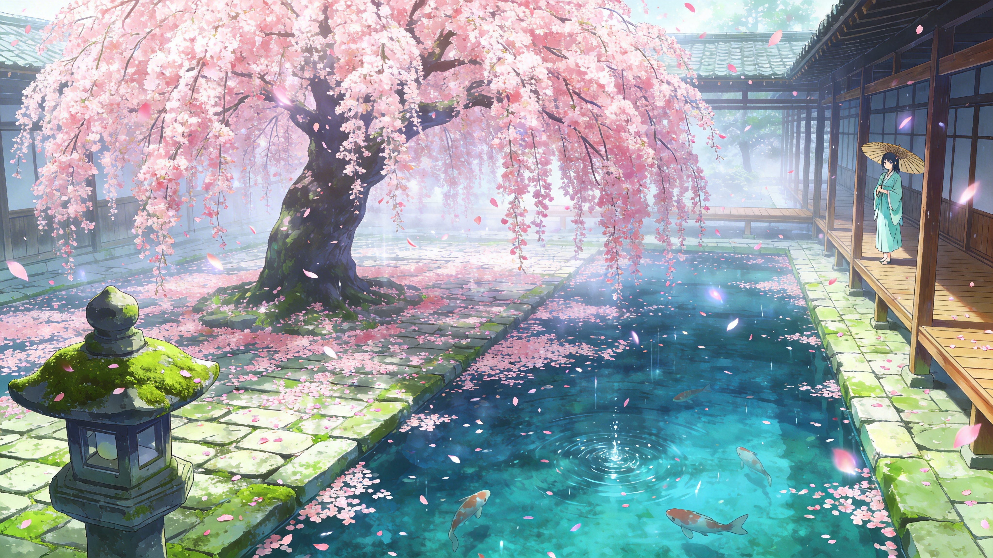 画面定格在 2026 年 3 月 23 日的清晨，这是一座被春日晨雾笼罩的古老日式庭院。庭院中央有一棵巨大的垂枝樱花树，正值盛花期，粉色的花瓣如云霞般堆积，随着微风轻轻飘落，铺满了青石板路和清澈的池塘水面。池塘中几尾锦鲤正浮出水面争抢飘落的花瓣，激起细小的涟漪。画面左下角有一盏石灯笼，长满了青苔，透出岁月的痕迹。远处是若隐若现的木质回廊，一位身着淡青色和服的少女正撑着一把油纸伞站在回廊尽头，静静地看着落花，营造出一种极致的宁静与物哀之美。

新海诚动漫风格，超高清 8K 分辨率。强调光影的通透感，使用高饱和度的粉色与青色对比，色彩清新明亮。背景细节极其丰富，花瓣边缘带有半透明的光效。镜头采用广角俯视，景深处理细腻，营造出梦幻般的景深感。整体画面具有极强的空气感和湿润感，如同春日里的水晶球。