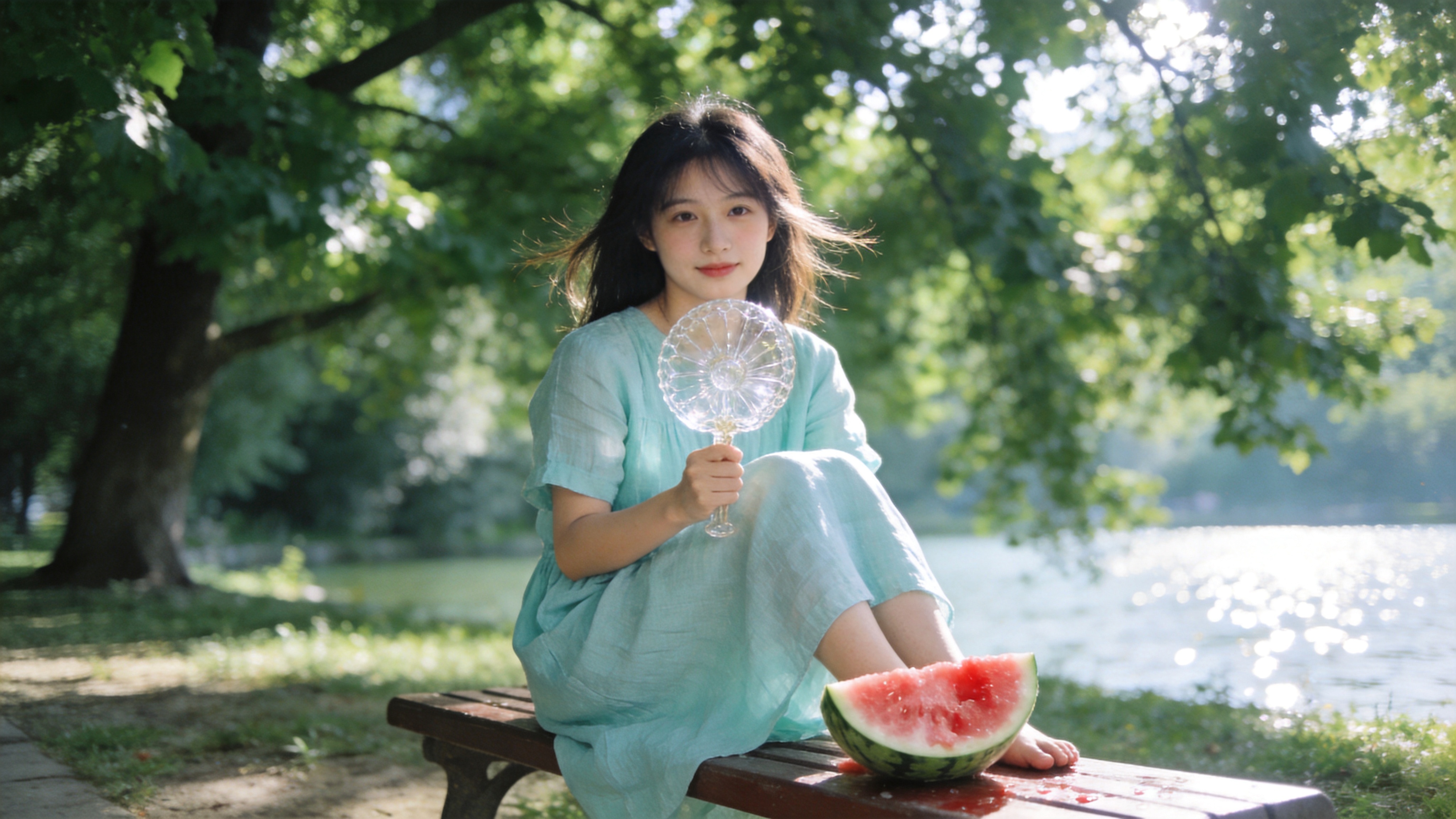 画面定格在盛夏的午后，阳光透过茂密的梧桐树叶缝隙洒下斑驳的光影。一位穿着淡青色亚麻连衣裙的少女坐在公园长椅上，手里拿着一把透明的复古玻璃扇，脚边放着半个切开的冰镇西瓜，汁水饱满。微风吹起她的发梢，背景是虚化的深绿色树荫和远处波光粼粼的湖面，空气中弥漫着慵懒而清透的夏日气息。

日系清新摄影风格，高调摄影，胶片质感。色调以清新的绿色、透亮的白色和西瓜红为主，强调自然光的漫射效果。使用 35mm 大光圈镜头拍摄，背景柔化处理，画面边缘带有淡淡的暗角，整体氛围宁静、治愈，充满青春气息。