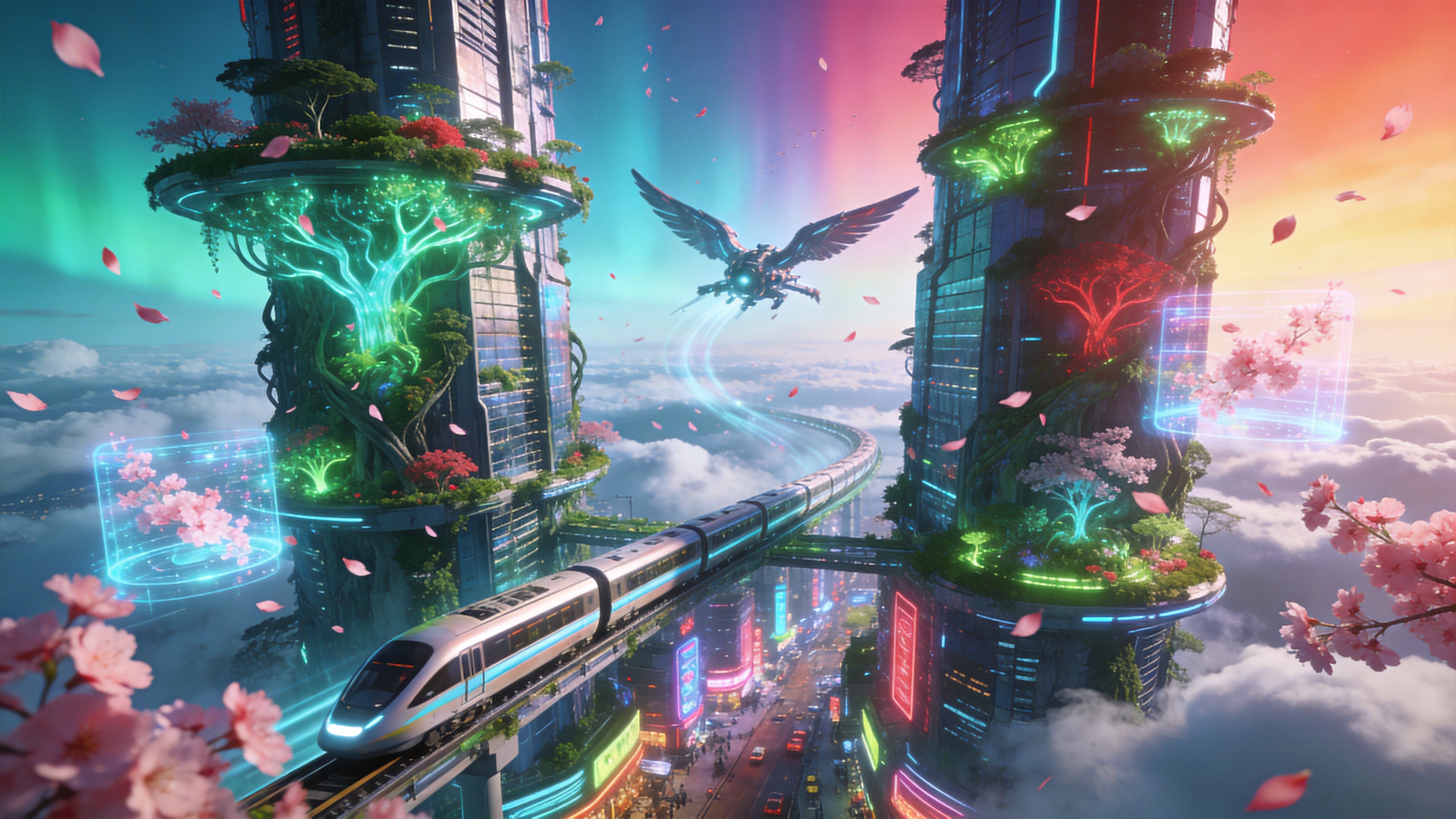 未来的垂直森林城市，时间是2026年的春季，巨大的摩天大楼表面完全被各种奇异的发光植物植物覆盖，形成了空中的立体花园。一列流线型的磁悬浮列车正穿梭在两座大楼之间，列车周围环绕着全息投影的粉色樱花瓣，随着气流飞舞。天空呈现出渐变的极光色，巨大的飞鸟机械生物在云层中翱翔，地面是繁华的霓虹灯街道，整个场景充满了科技与自然共生的勃勃生机，象征着春天的复苏与未来的希望。

赛博朋克与太阳朋克结合的3D概念艺术风格。色彩高饱和度，以青色、洋红和荧光绿为主色调。强调体积光和辉光效果，材质具有金属、玻璃和发光植物的混合质感。构图宏大且具有透视冲击力，细节丰富，画面干净锐利，具有科幻电影海报般的精致感和未来感。