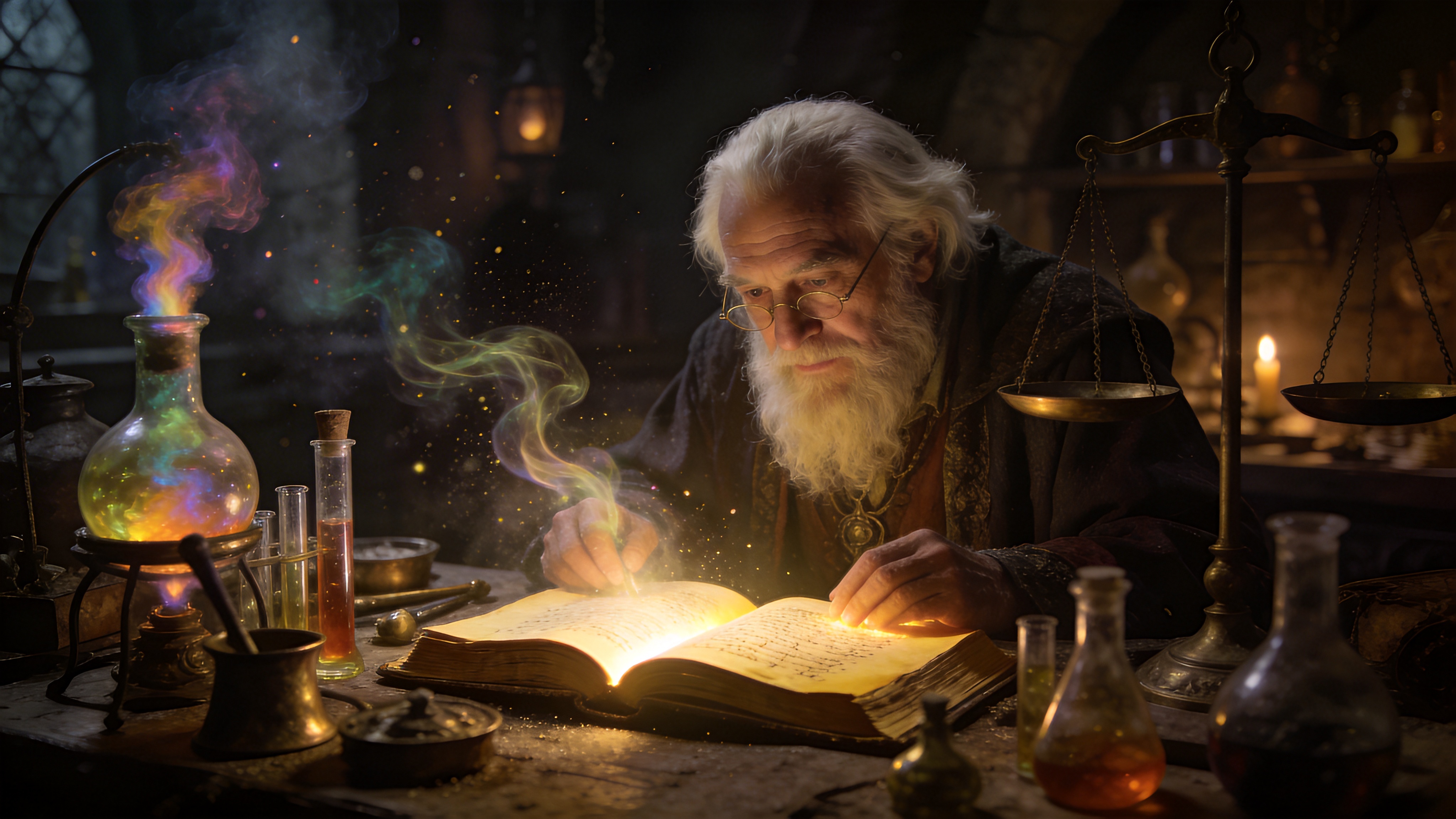 一位白胡子老炼金术士正在昏暗的实验室里工作，桌上摆满了烧瓶、试管和天平，烧瓶中冒出彩色的烟雾，一本摊开的古书发出微光，照亮了专注的脸庞。

奇幻写实主义，复杂的细节，暖色调室内光，尘埃粒子，神秘氛围，电影概念设计，像《哈利波特》电影场景。