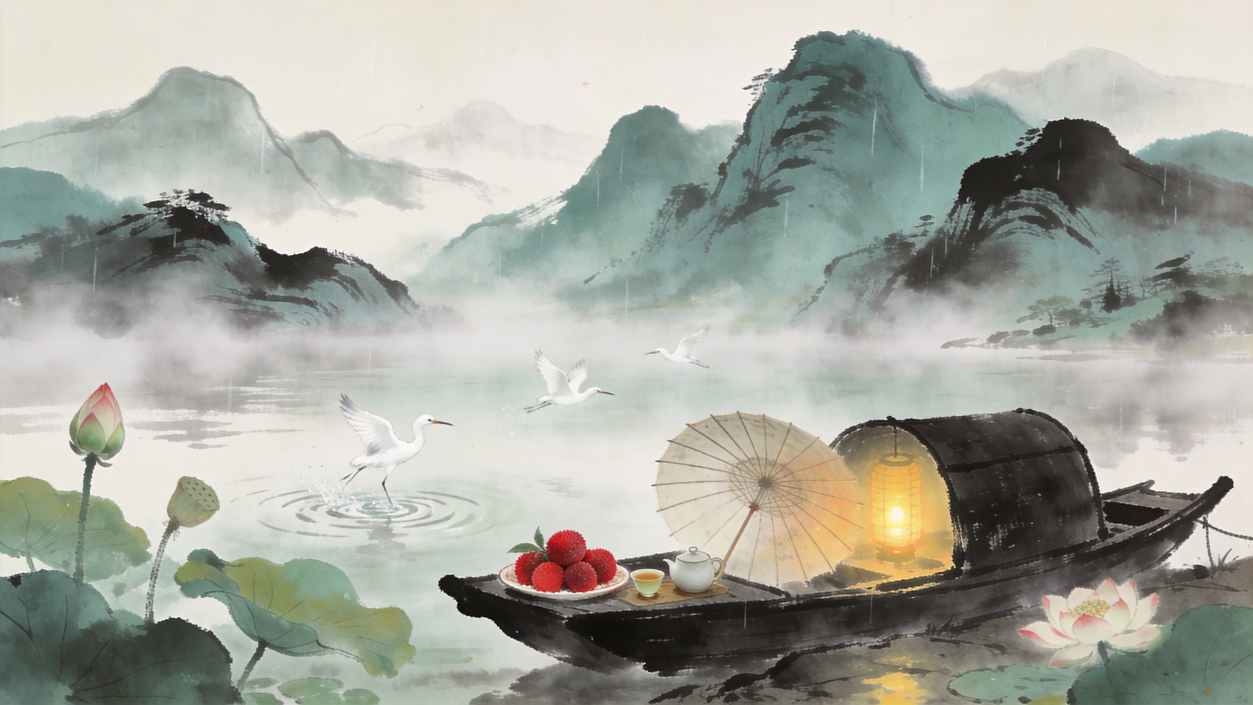 初夏时节的江南水乡，画面以泼墨般的笔触勾勒出连绵的远山和烟雨朦胧的江面。一艘乌篷船静静地停泊在岸边，船头摆放着一盘刚摘下的红艳欲滴的杨梅和一壶清茶，旁边还有一把半开的油纸伞。江面上雾气缭绕，几只白鹭掠过水面，激起层层涟漪。近处的荷叶田田，几朵荷花含苞待放，展现出中式初夏的雅致与闲适。

新中式水墨风格，结合传统国画技法与现代数字绘画。色彩以淡墨、黛青为主，点缀朱砂红（杨梅）和藤黄（灯光）。运用“留白”手法表现烟雨江南的空灵感，笔触苍劲有力且富有韵律，光影柔和朦胧，强调意境的营造，仿佛一幅流动的立体山水画卷。