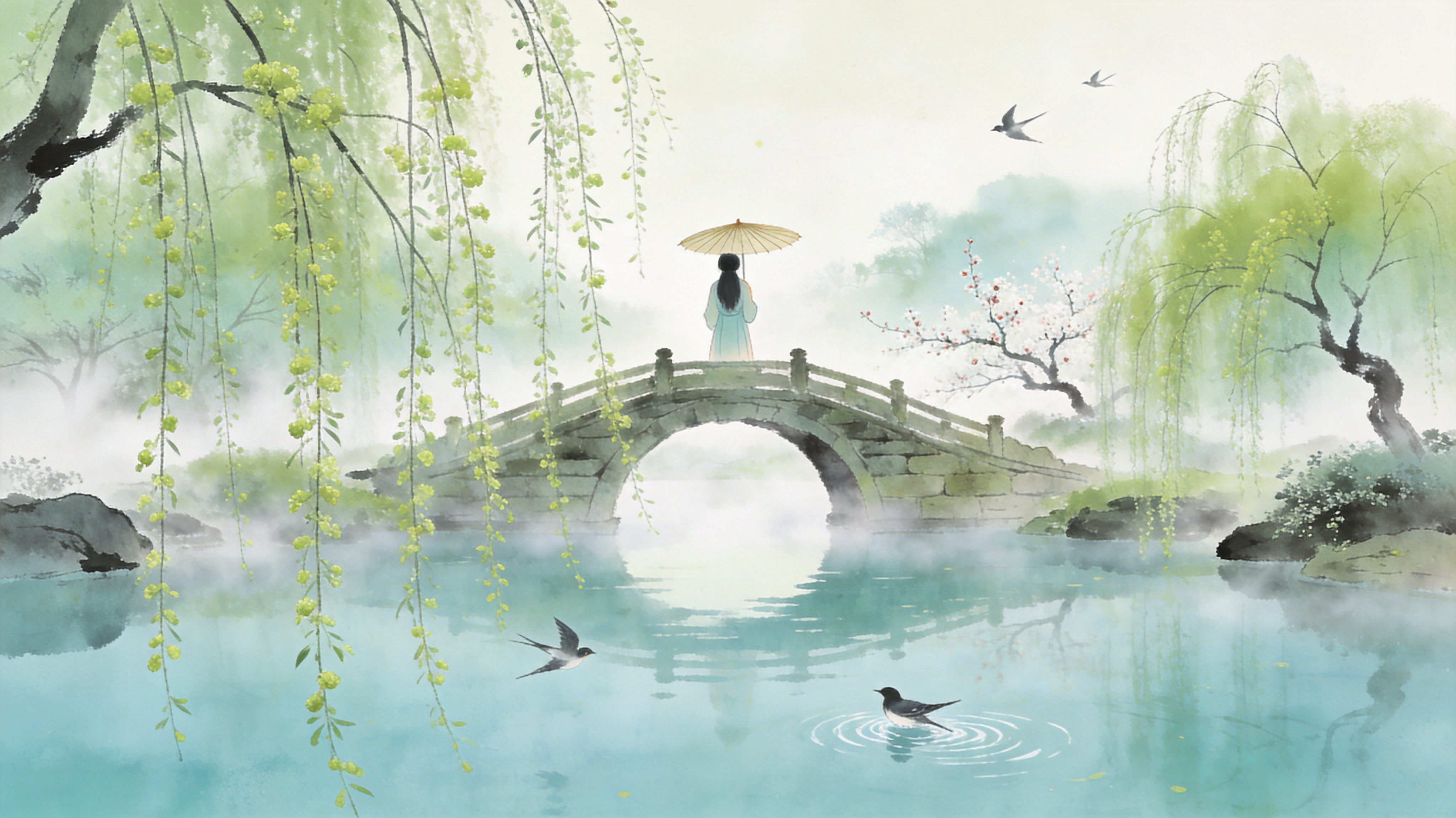 早春的江南园林，一株垂柳刚刚抽出嫩绿的新芽，细长的柳枝随风轻拂，掠过平静如镜的湖面。湖中心有一座古朴的石拱桥，桥上撑着一把油纸伞的少女背影，正望着远处绽放的早梅。空气中似乎弥漫着淡淡的水雾，几只燕子低空掠过水面，激起一圈圈微小的涟漪。画面充满了生机勃勃却又静谧的春日气息。

新中式工笔画风格，结合了传统水墨的意境与现代插画的精致感。色调以清新的淡青色、嫩绿色和温润的白色为主，笔触细腻流畅，注重线条的韵律感。光影处理柔和，强调空气感和朦胧美，具有高雅的东方美学韵味。
