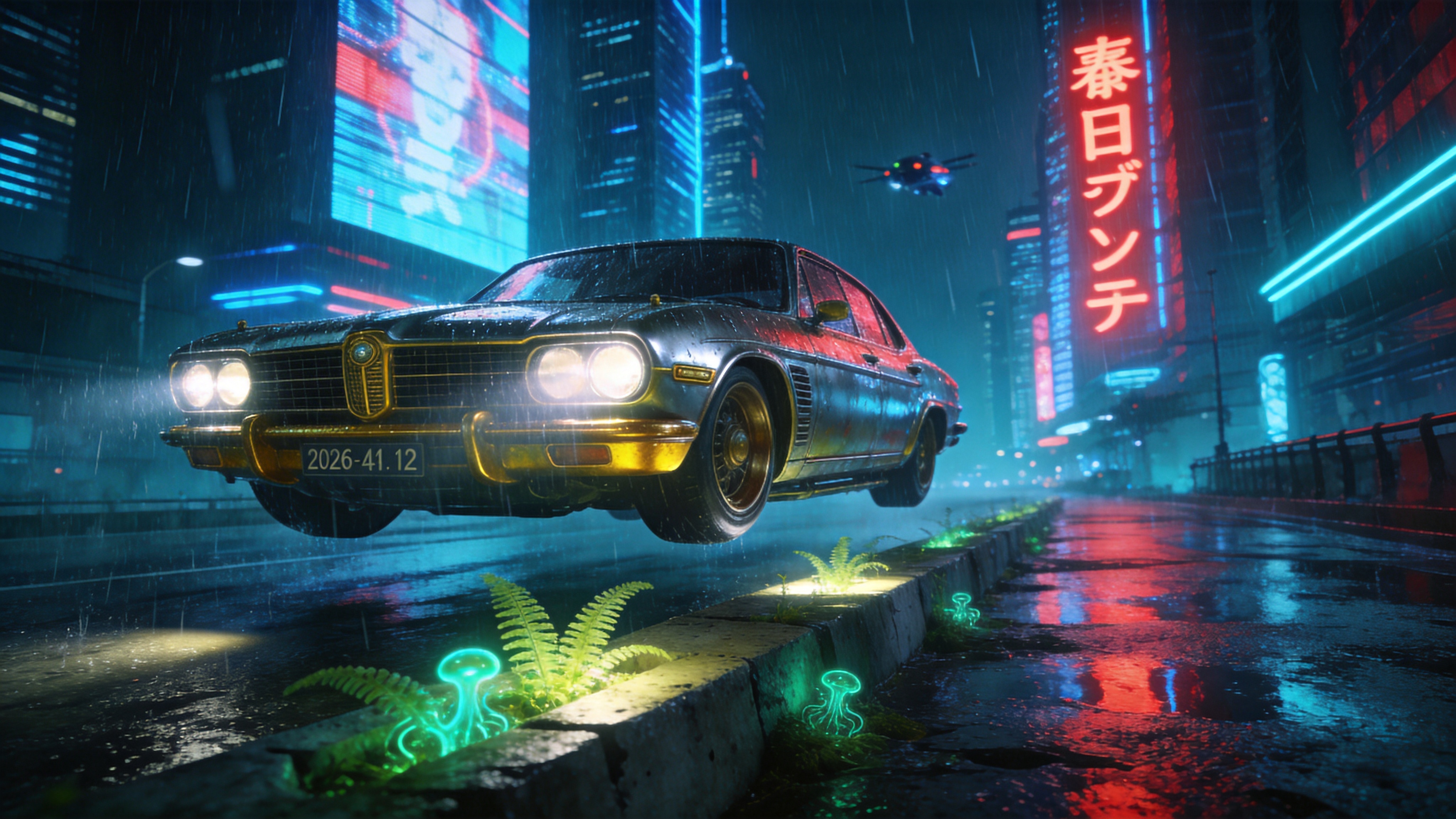 未来的赛博朋克都市夜景，时间是2026年4月12日的深夜。天空下着带有荧光蓝色的细雨，湿润的街道反射着巨大的全息广告牌光芒。画面主体是一辆造型复古却充满科技感的悬浮老式轿车，车身有着金属拉丝质感和黄铜装饰。车灯划破雨幕，照亮了路边生长在混凝土缝隙中的发光基因改造蕨类植物。背景是高耸入云的摩天大楼，霓虹灯牌上闪烁着各种汉字和片假名，远处有飞行器穿梭，充满了冷冽、潮湿且迷幻的未来都市气息。

赛博朋克概念艺术，虚幻引擎5渲染，8K超高清。强调冷暖色调的强烈对比（青色与洋红），体积光和光线追踪效果。具有胶片颗粒感和电影级的构图，材质质感逼真（湿润的金属、玻璃、雨水），充满科技与复古冲突的视觉张力。