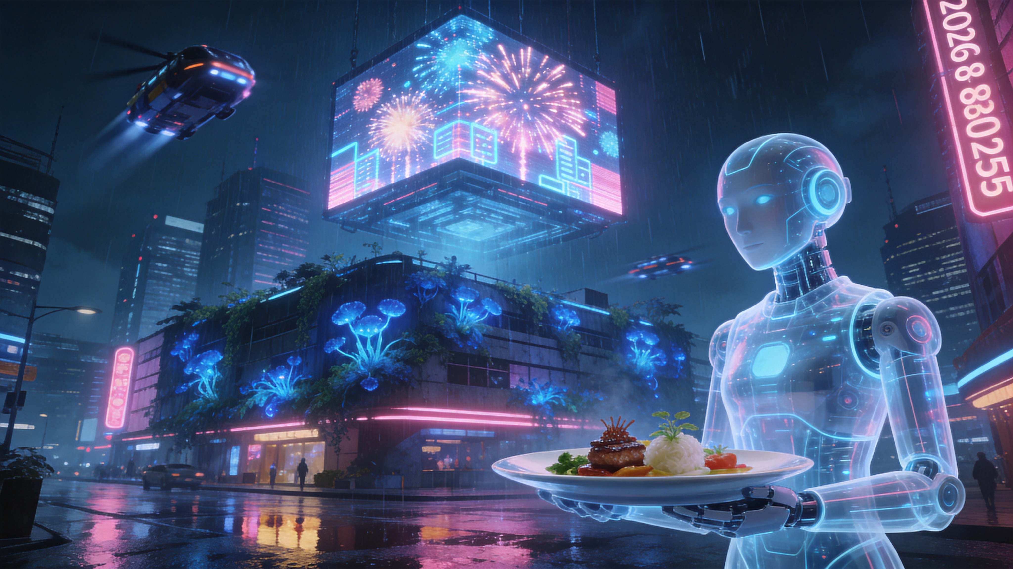 一座充满未来感的立体城市建筑外观，时间是2026年8月25日的夜晚。巨大的全息投影屏幕悬浮在半空，正在播放立体的数字烟花。建筑表面覆盖着会呼吸的蓝色生物发光植物，雨水刚刚停歇，湿漉漉的街道反射着霓虹灯的倒影。前景是一个半透明的智能机器人侍者，手中托着盛有分子料理的盘子，背景是穿梭在空中的磁悬浮飞车，整个场景既冷峻科技又充满了人间烟火气。

赛博朋克概念艺术，冷色调为主，辅以霓虹粉和电光蓝的对比。强调体积光和潮湿表面的反射质感，具有极高的清晰度和细节度。视角采用广角仰视，增强建筑的压迫感和宏大感，渲染风格类似虚幻引擎5（Unreal Engine 5）的实时渲染效果。