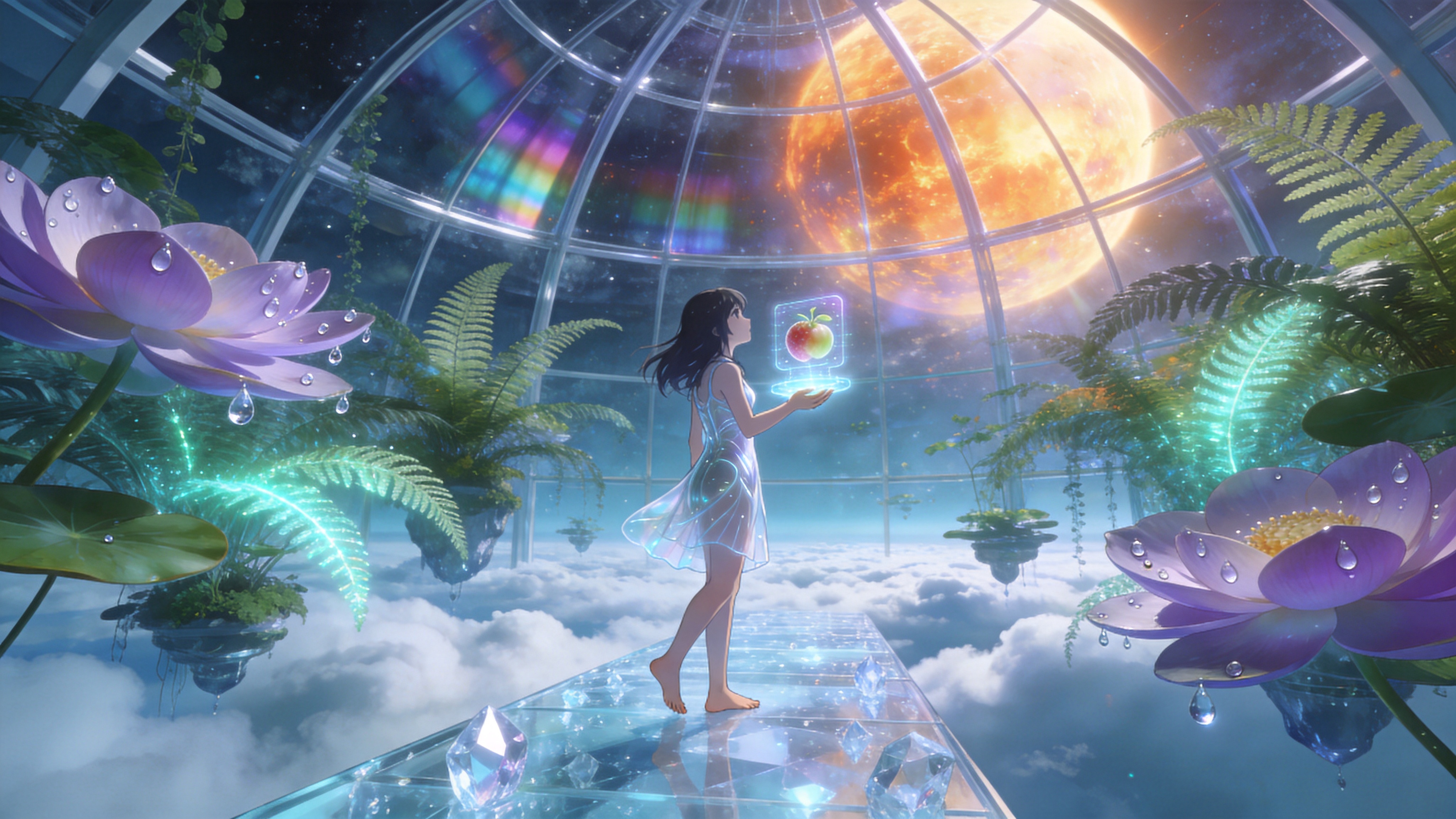 2026年盛夏时节，未来的悬浮生态温室内部。一位穿着轻薄纳米织物裙装的少女赤脚走在透明的水晶地板上，脚下是翻滚的清凉云海。四周环绕着巨大的发光蕨类植物和反重力悬浮的巨型睡莲，淡紫色的花瓣上挂着晶莹的露珠。少女手里捧着一颗悬浮的全息投影果实，正透过巨大的透明穹顶仰望外面那颗巨大的、炽热但遥远的恒星，光线穿过穹顶折射出梦幻的虹彩。

未来主义概念艺术，结合新海诚的清新空气感。色调以高明度的青色、银白色和荧光紫为主，强调通透感和光感。材质上强调玻璃、水晶与生物发光体的质感对比，光影柔和且具有体积光效果，画质达到8K超高清，充满科技与自然共生的浪漫氛围。